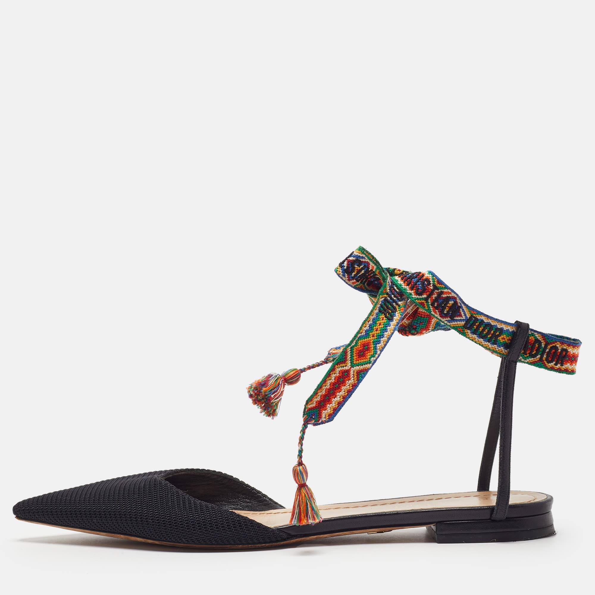 Dior J'Adior Size 39 Black Canvas and Leather Ankle Wrap Sandals