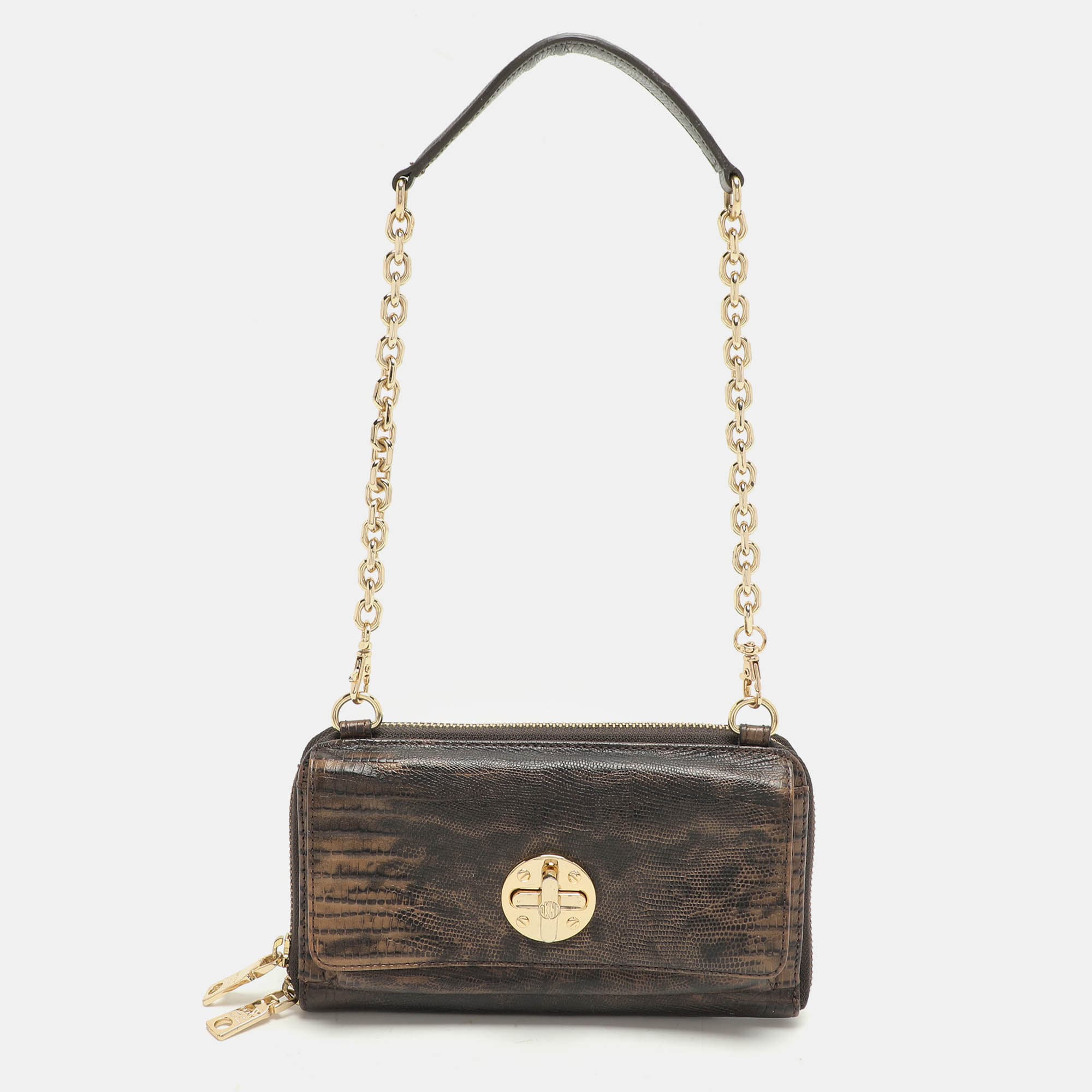 Dkny Brown Lizard Embossed Leather Chain Clutch