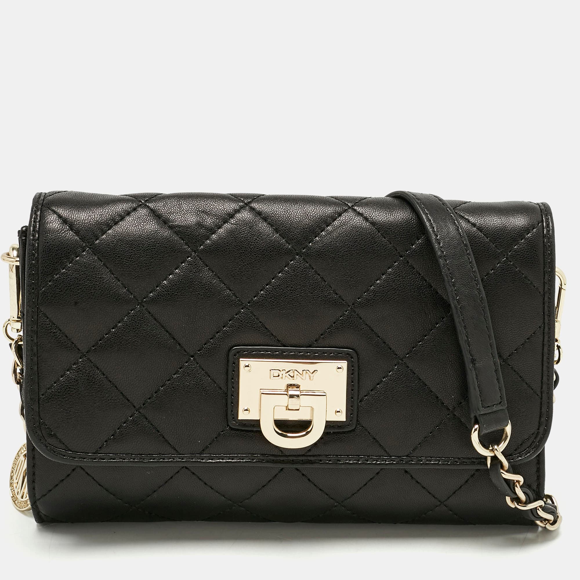 DKNY Black Quilted Leather Flap Chain Crossbody Bag