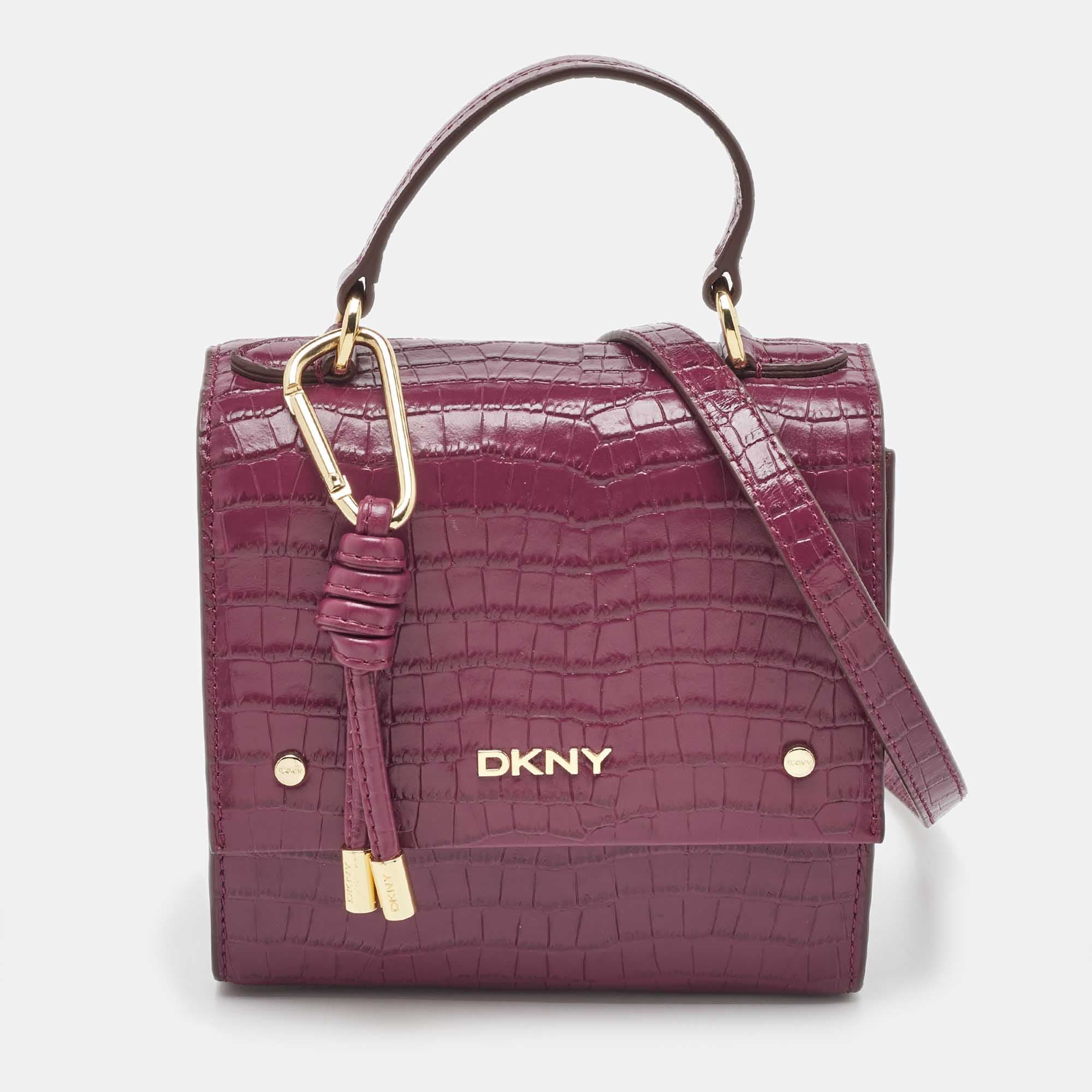 DKNY Burgundy Croc Embossed Leather Flap Top Handle Bag