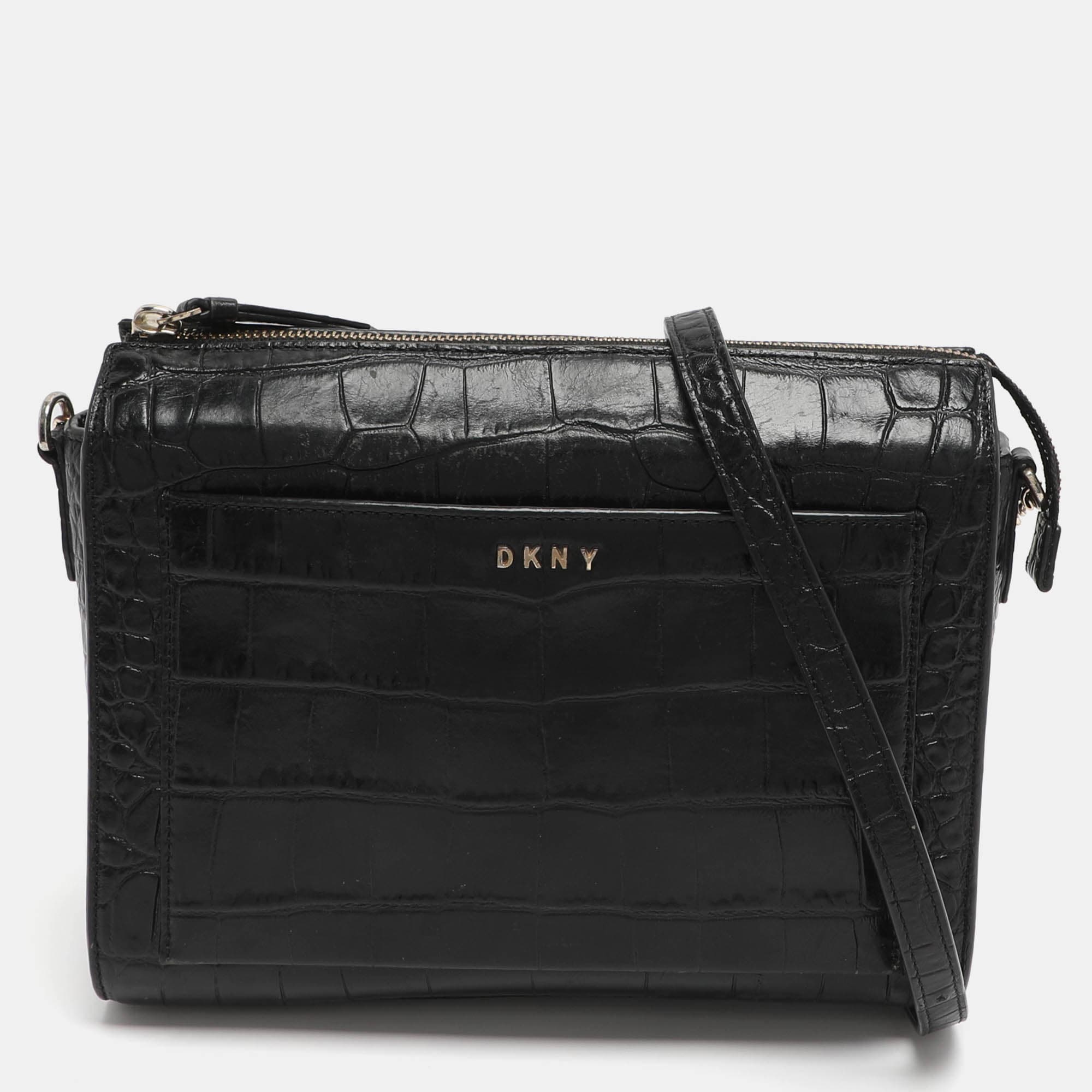 Dkny Black Croc Embossed Leather Crossbody Bags