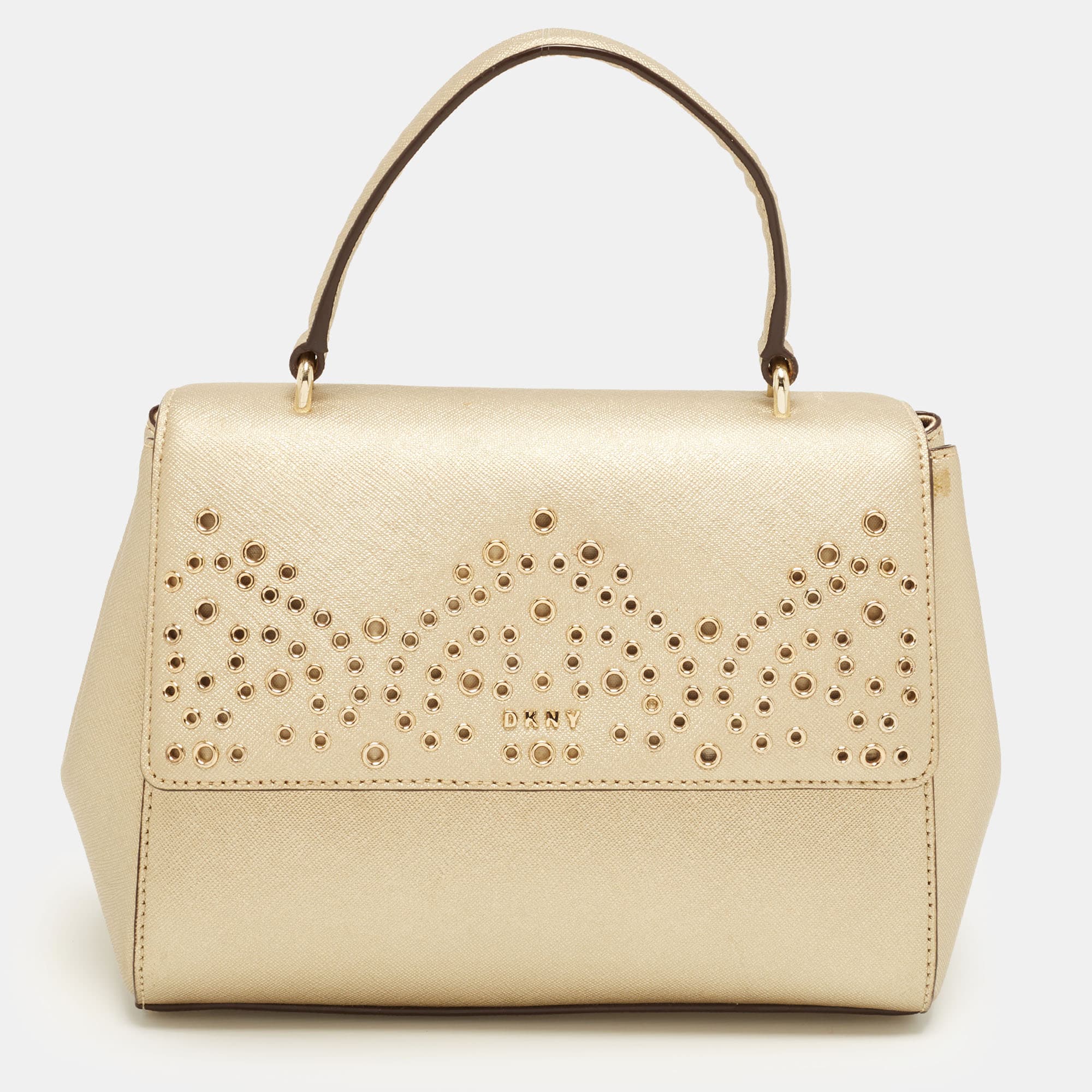 Dkny Eyelet Flap Gold Leather Top Handle Bag