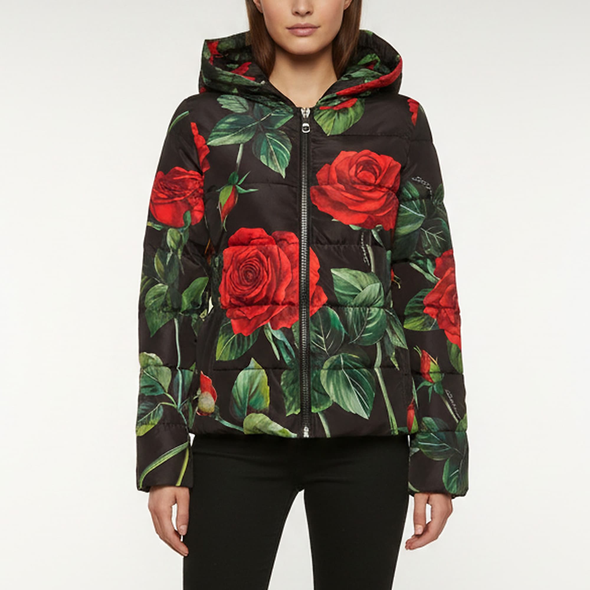 Dolce & Gabbana Black Rose Print Synthetic Down Jacket S