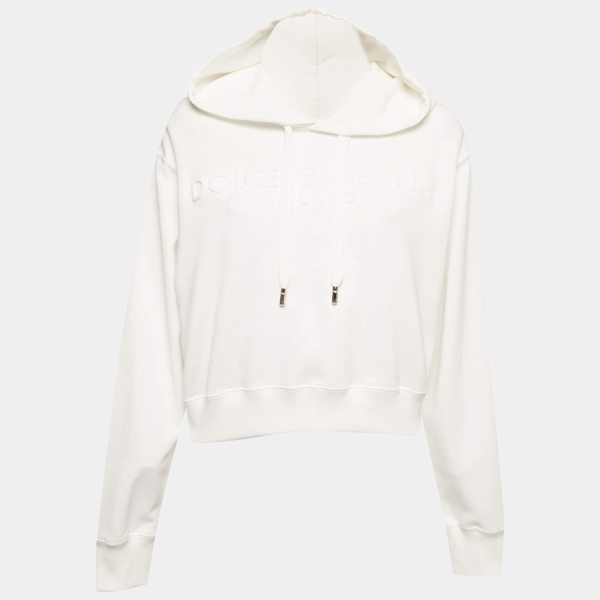 Dolce & Gabbana White Logo Embossed Knit Cropped Sweatshirt XS