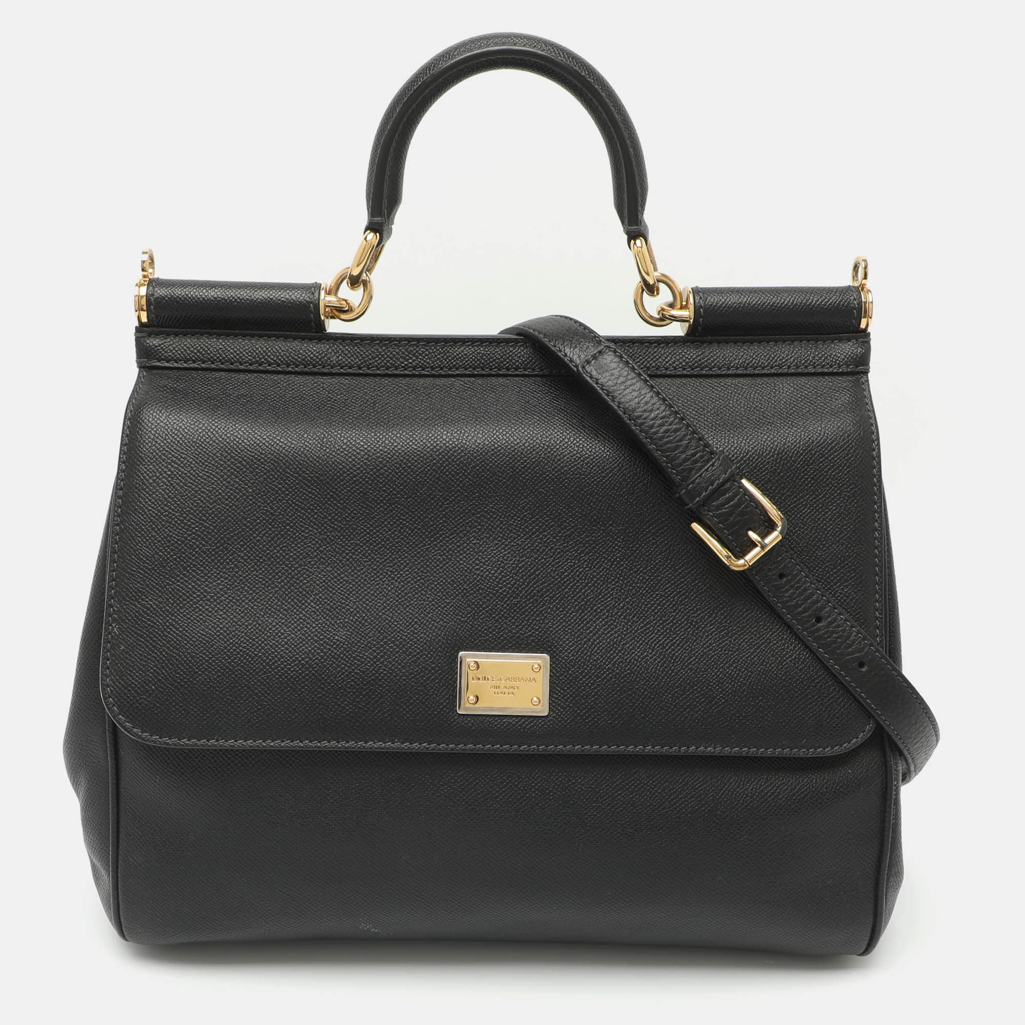 Dolce & Gabbana Miss Sicily Large Black Leather Top Handle Bag