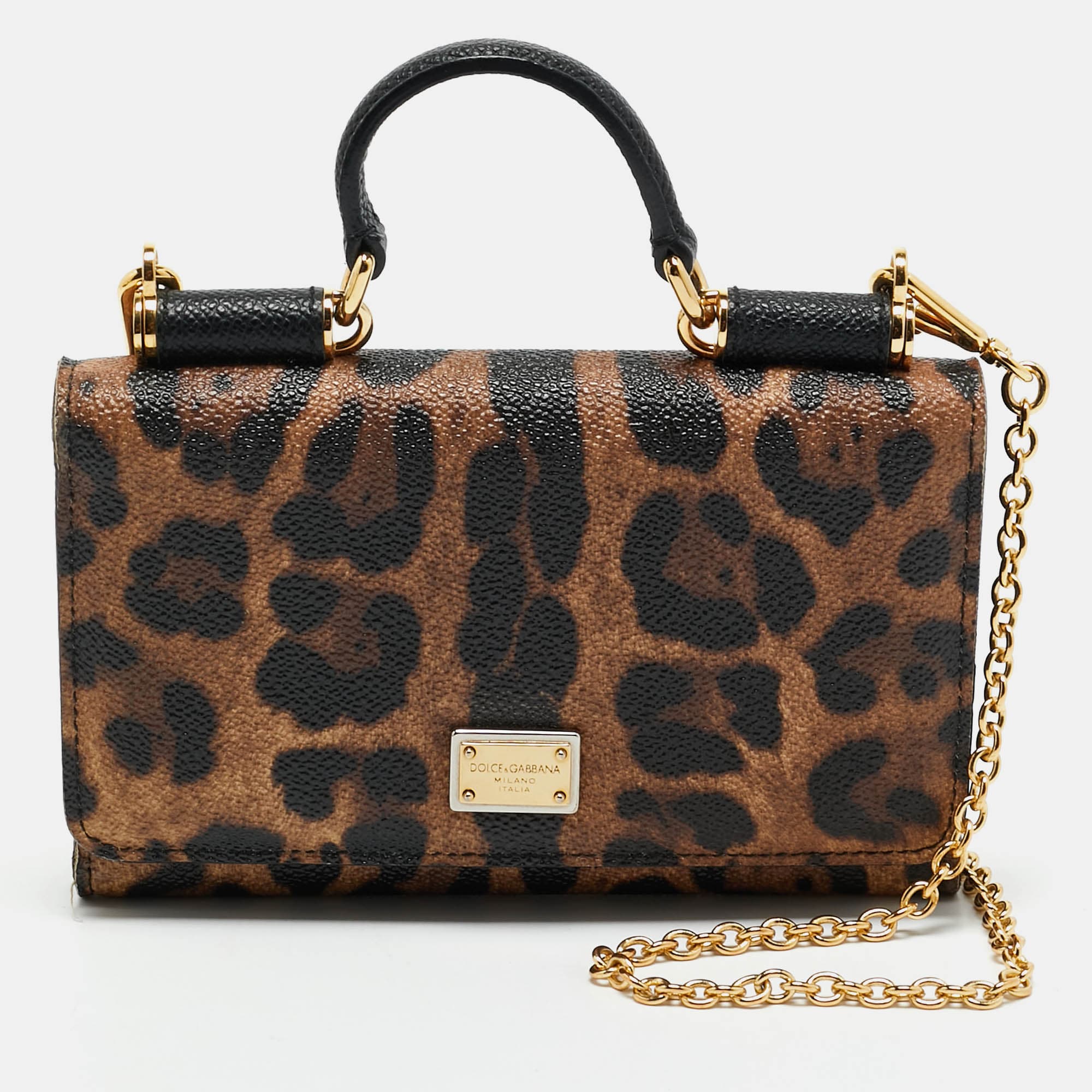 Dolce & Gabbana Miss Sicily Brown/Black Leopard Print Coated Canvas Wallet on Chain