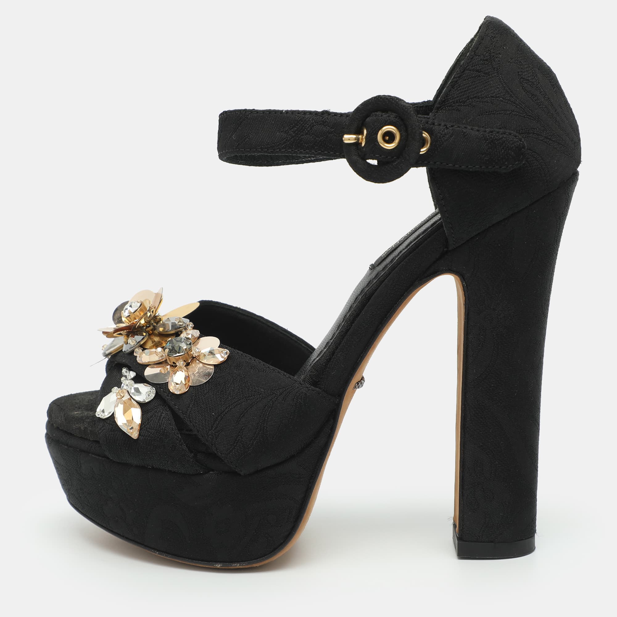 Dolce & Gabbana Size 35 Black Floral Fabric Embellished Platform Ankle Strap Sandals