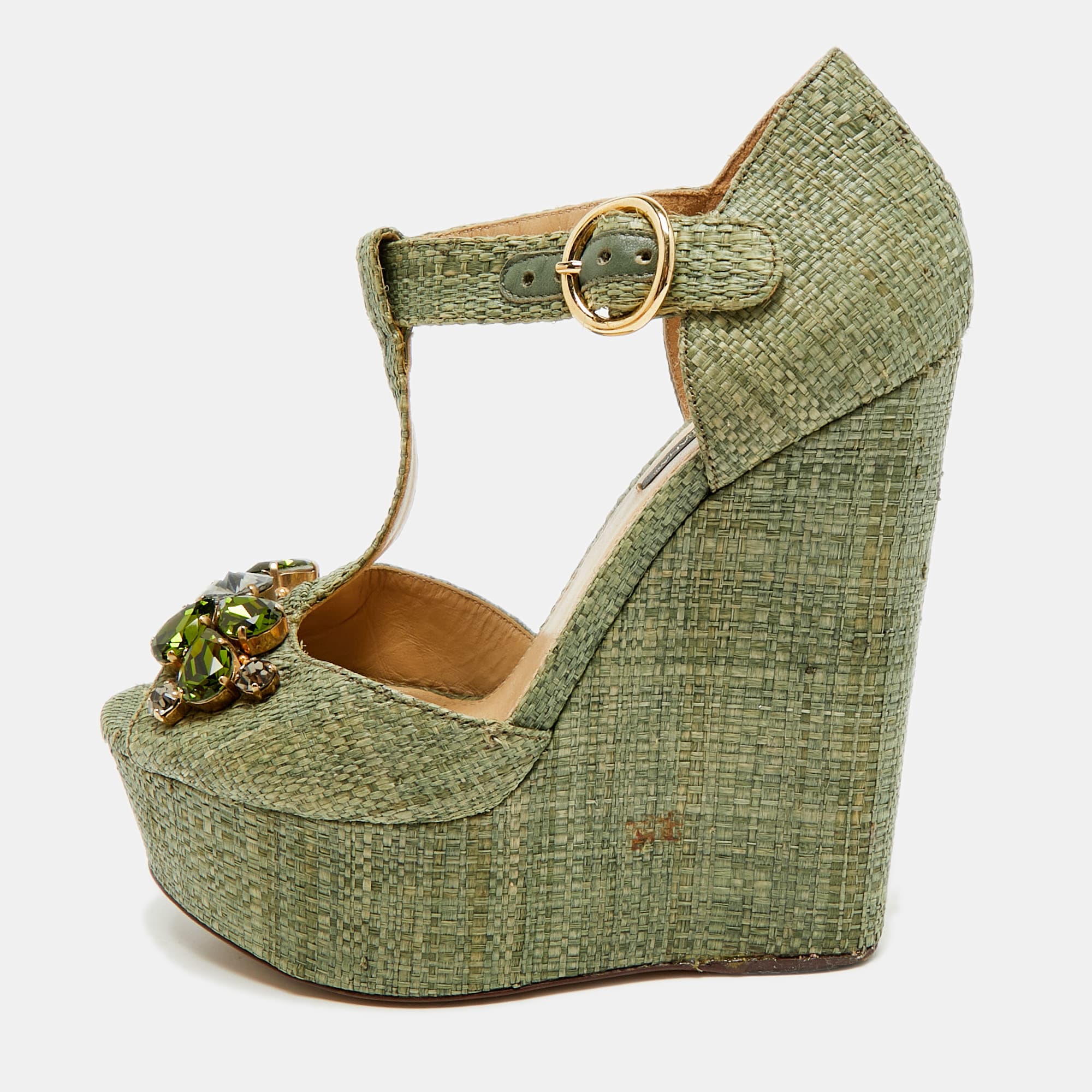 Dolce & Gabbana Bianca Size 35 Green Raffia Wedge Sandals