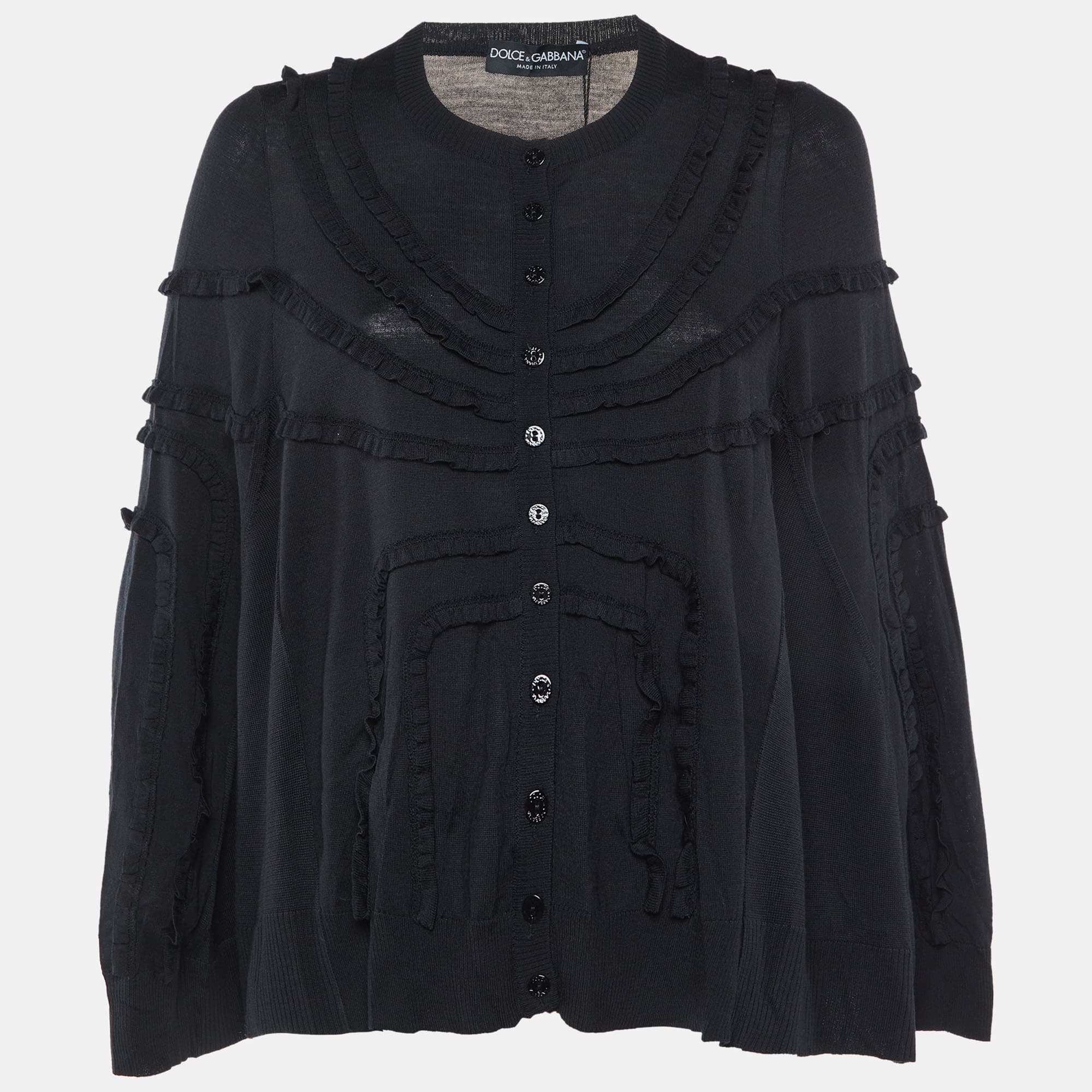 Dolce & Gabbana Black Wool Knit Button Front Poncho S