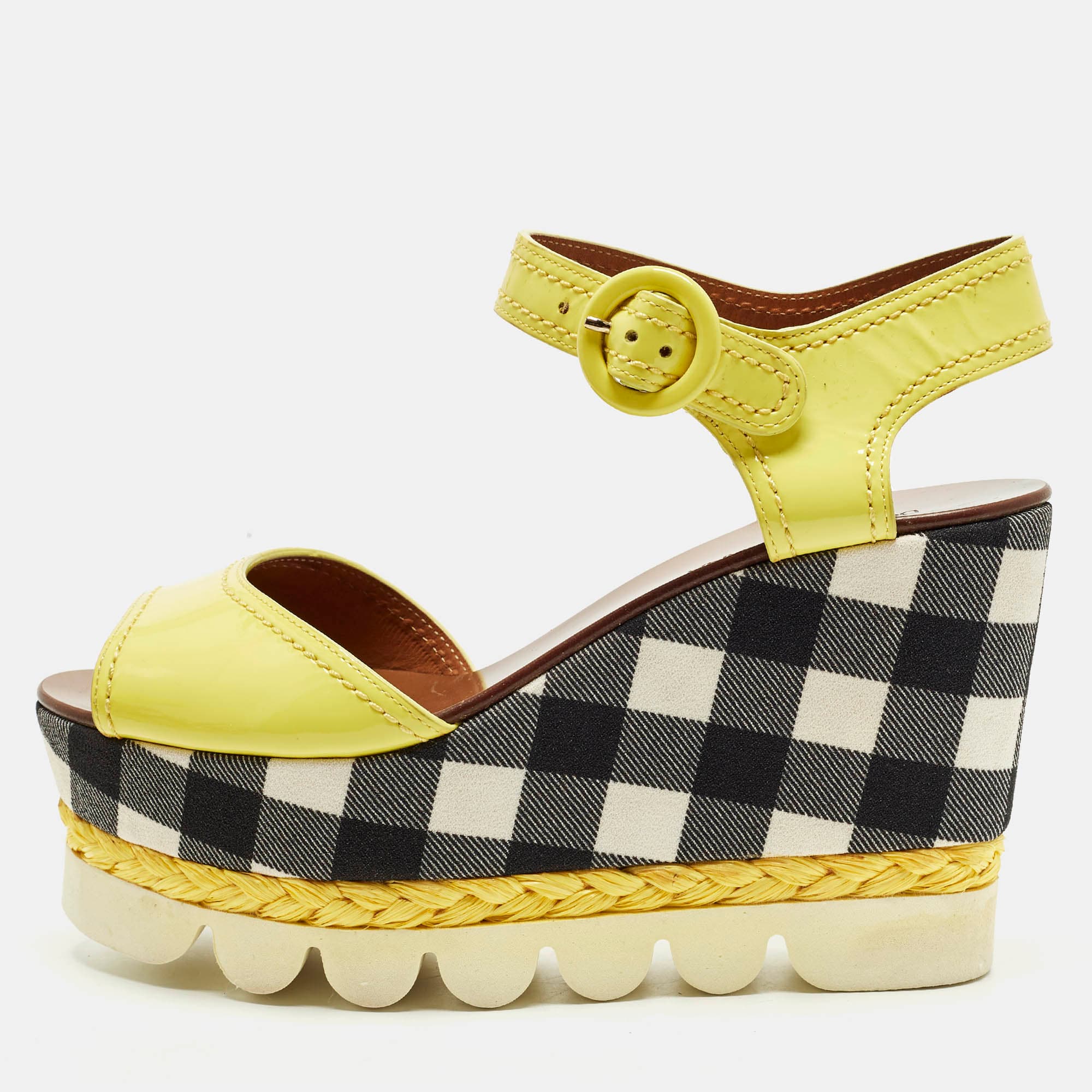 Dolce & Gabbana Size 38.5 Yellow/White Canvas and Patent Leather Wedge Sandals