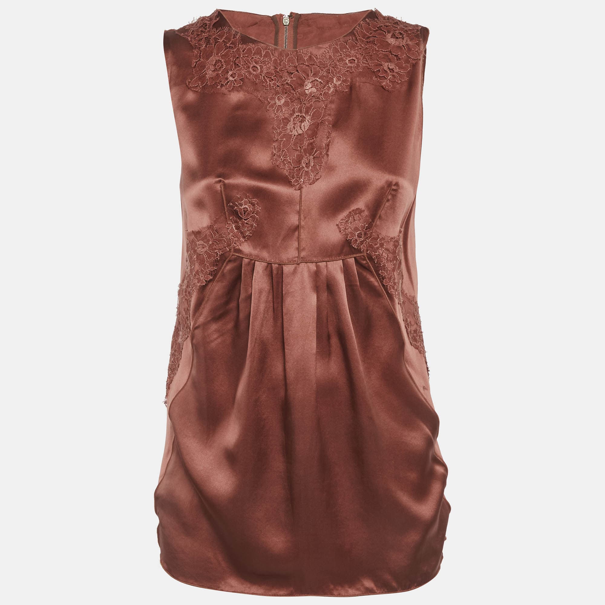 Dolce & Gabbana Brown Satin Lace Detail Top M