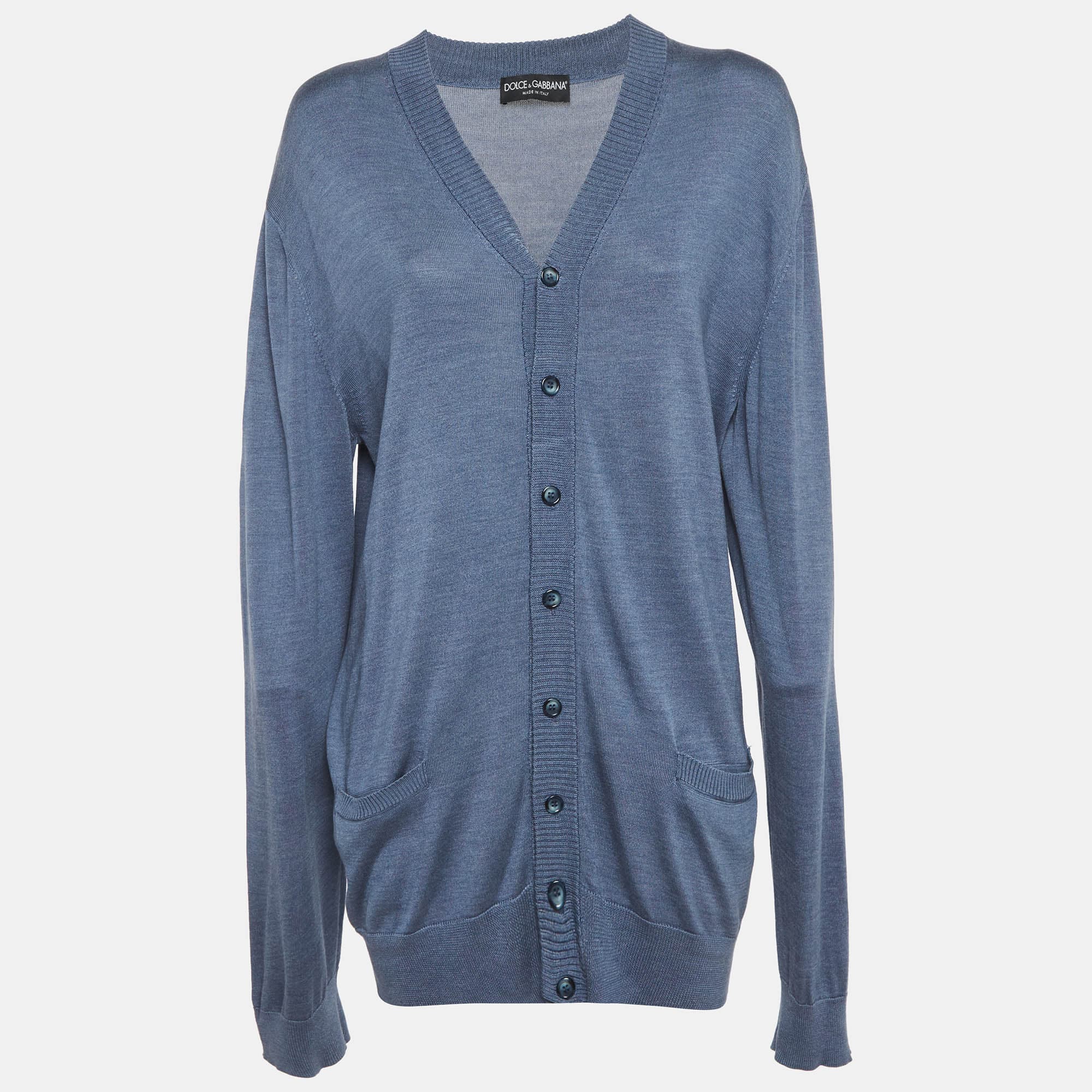 Dolce & Gabbana Blue Silk Knit Cardigan XL