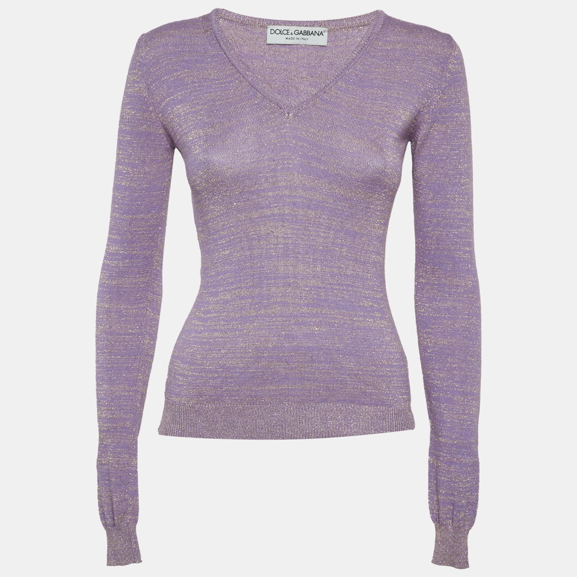 Dolce & Gabbana Purple Lurex Knit V-Neck Sweater S