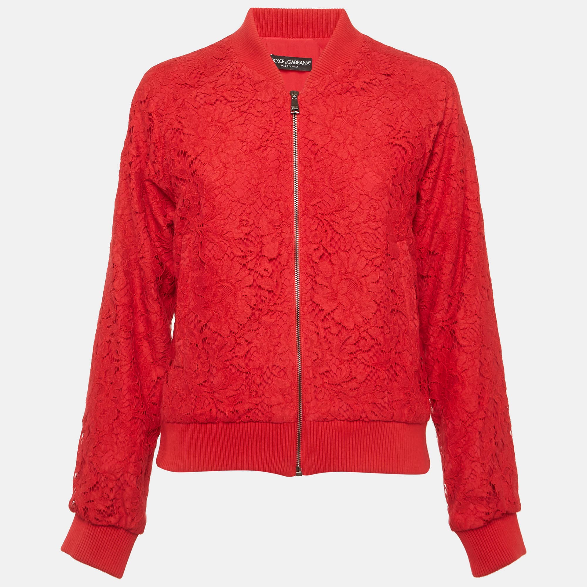 Dolce & Gabbana Red Corded Lace Bomber Jacket S