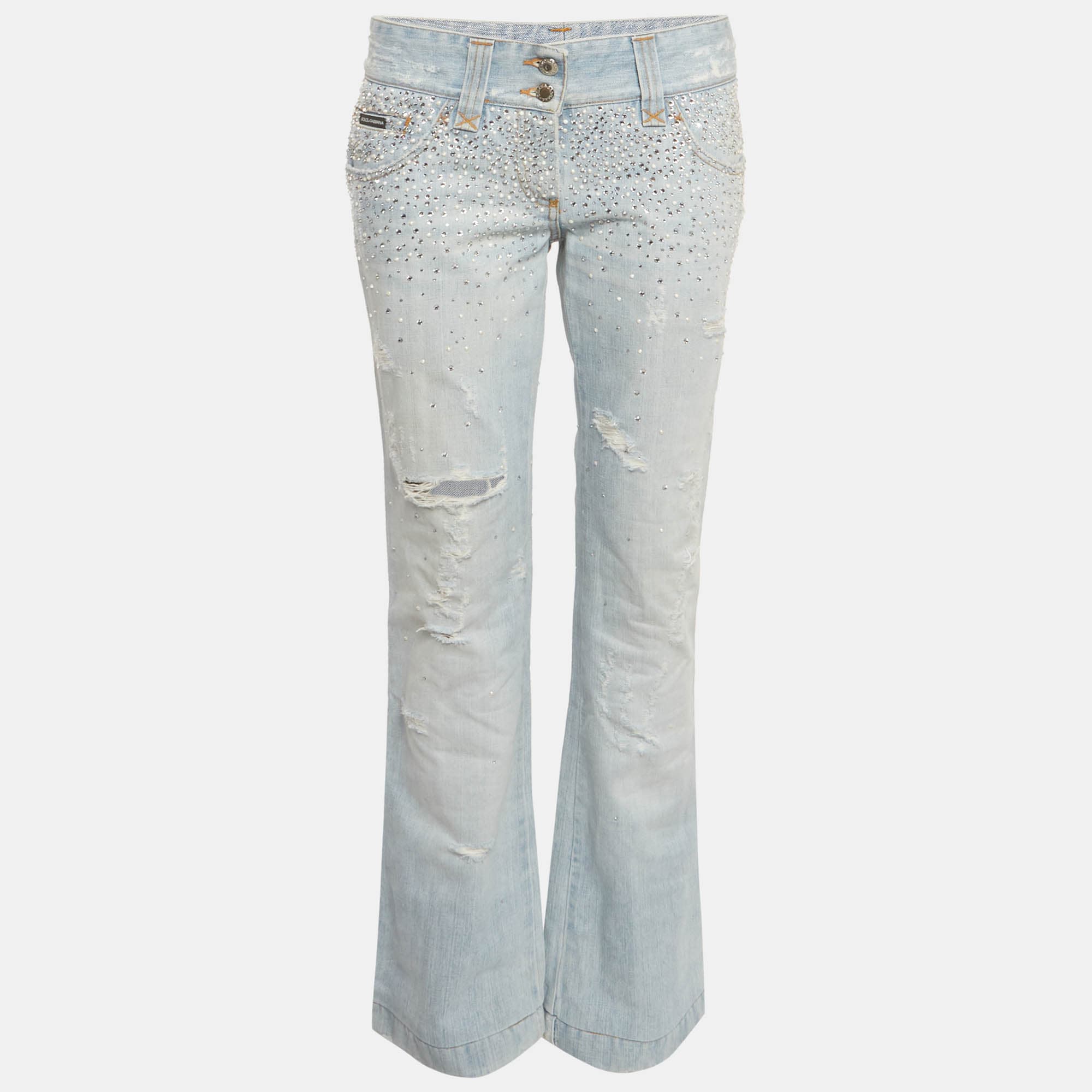 Dolce & Gabbana Blue Rhinestone Denim Boot Cut Jeans M/Waist 32"