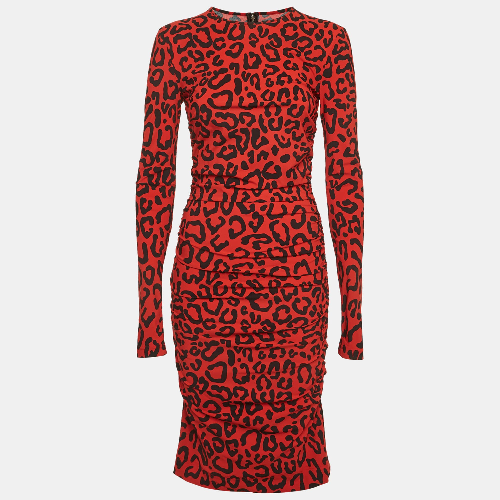 Dolce & Gabbana Red/Black Animal Print Stretch Knit Ruched Midi Dress M