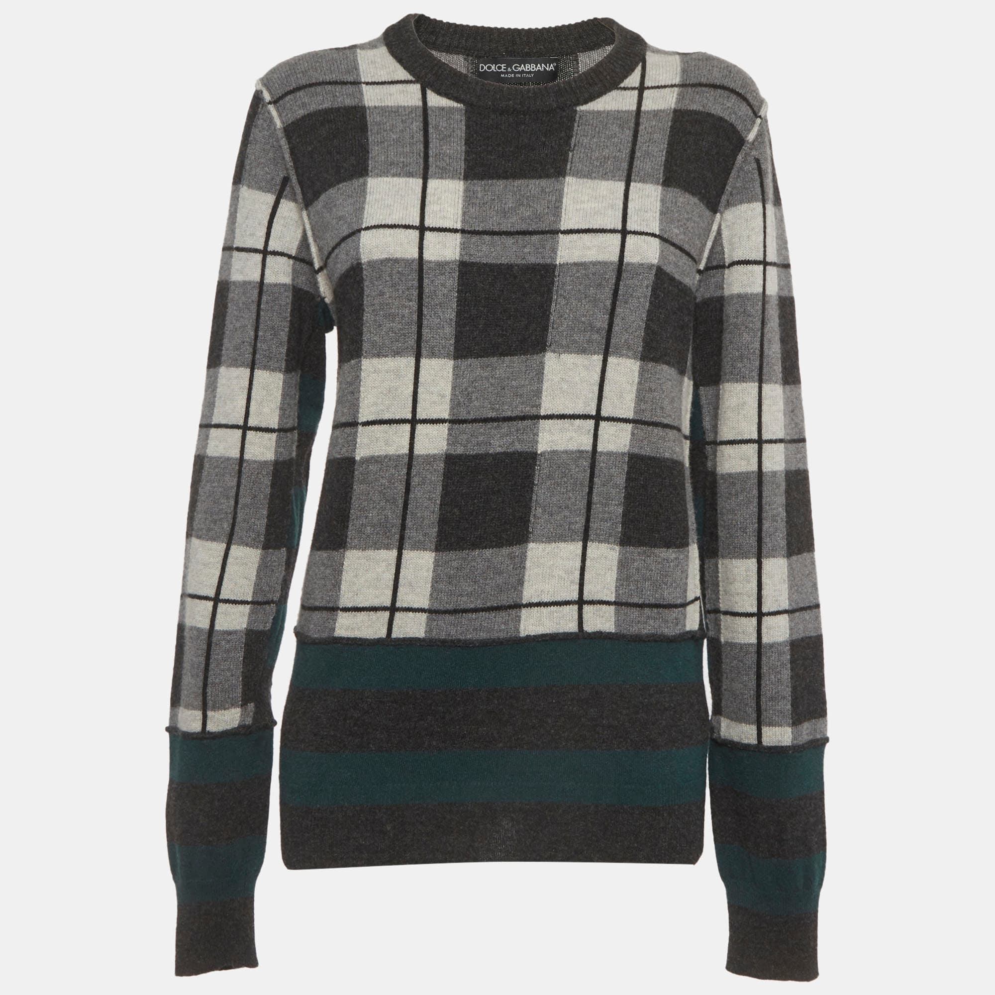 Dolce & Gabbana Grey Plaid Print Rib Knit Crewneck Sweater L