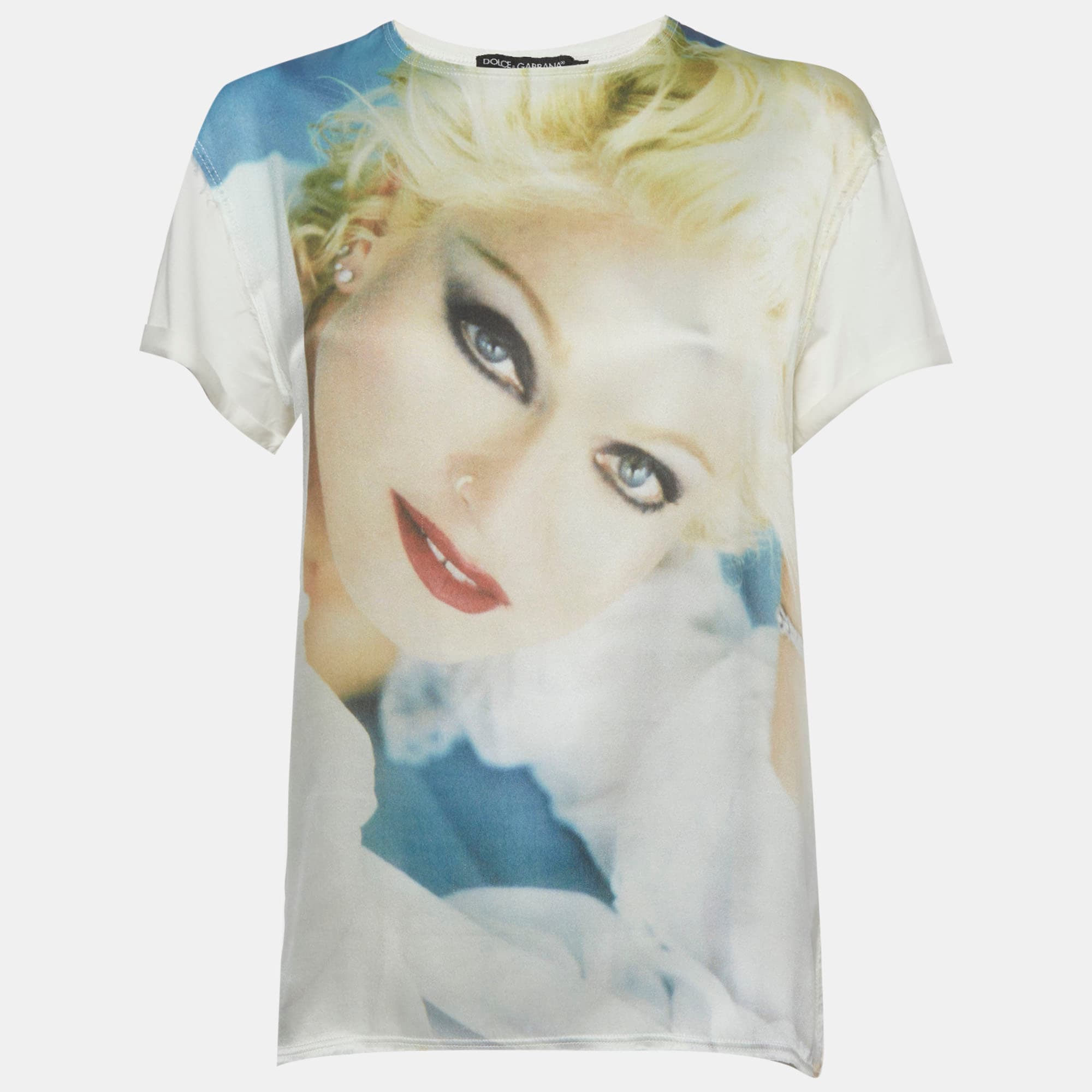 Dolce & Gabbana White Madonna Print Jersey and Satin Crewneck T-Shirt S
