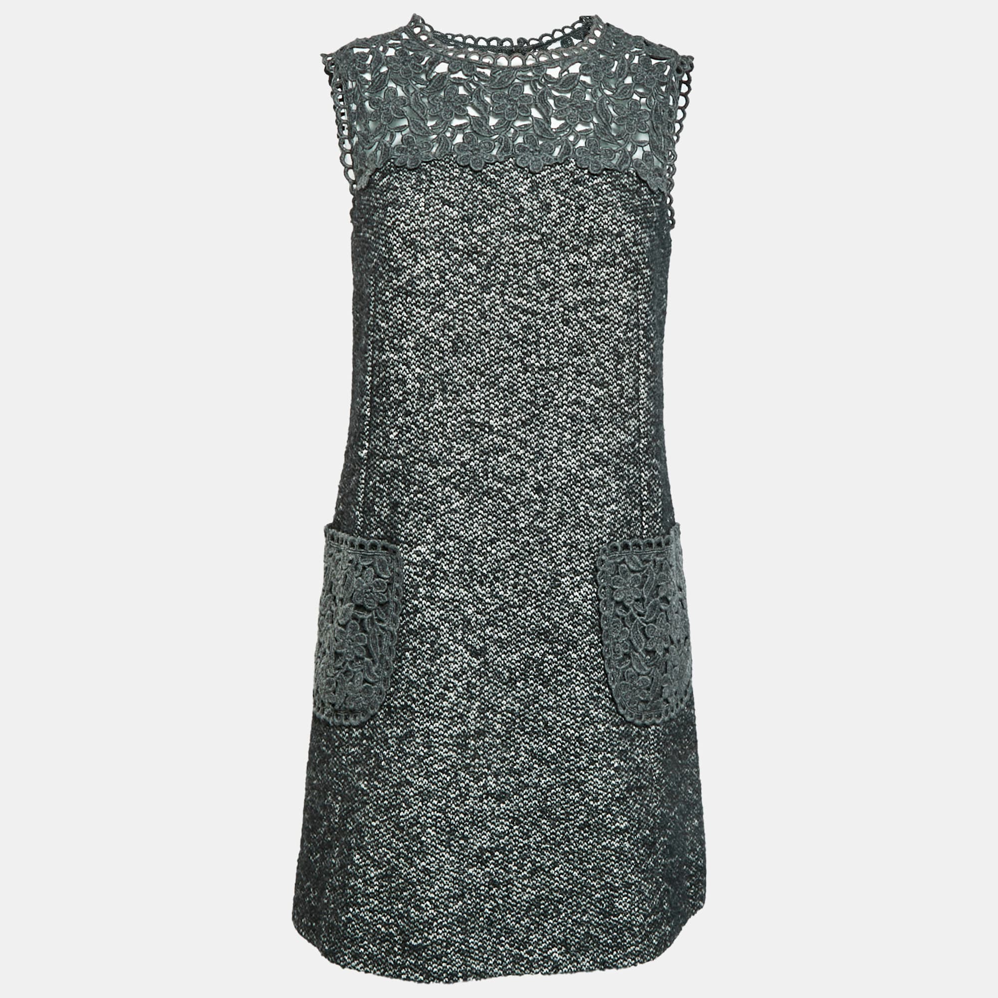 Dolce & Gabbana Grey Lace Wool Blend Zip Up Mini Dress S