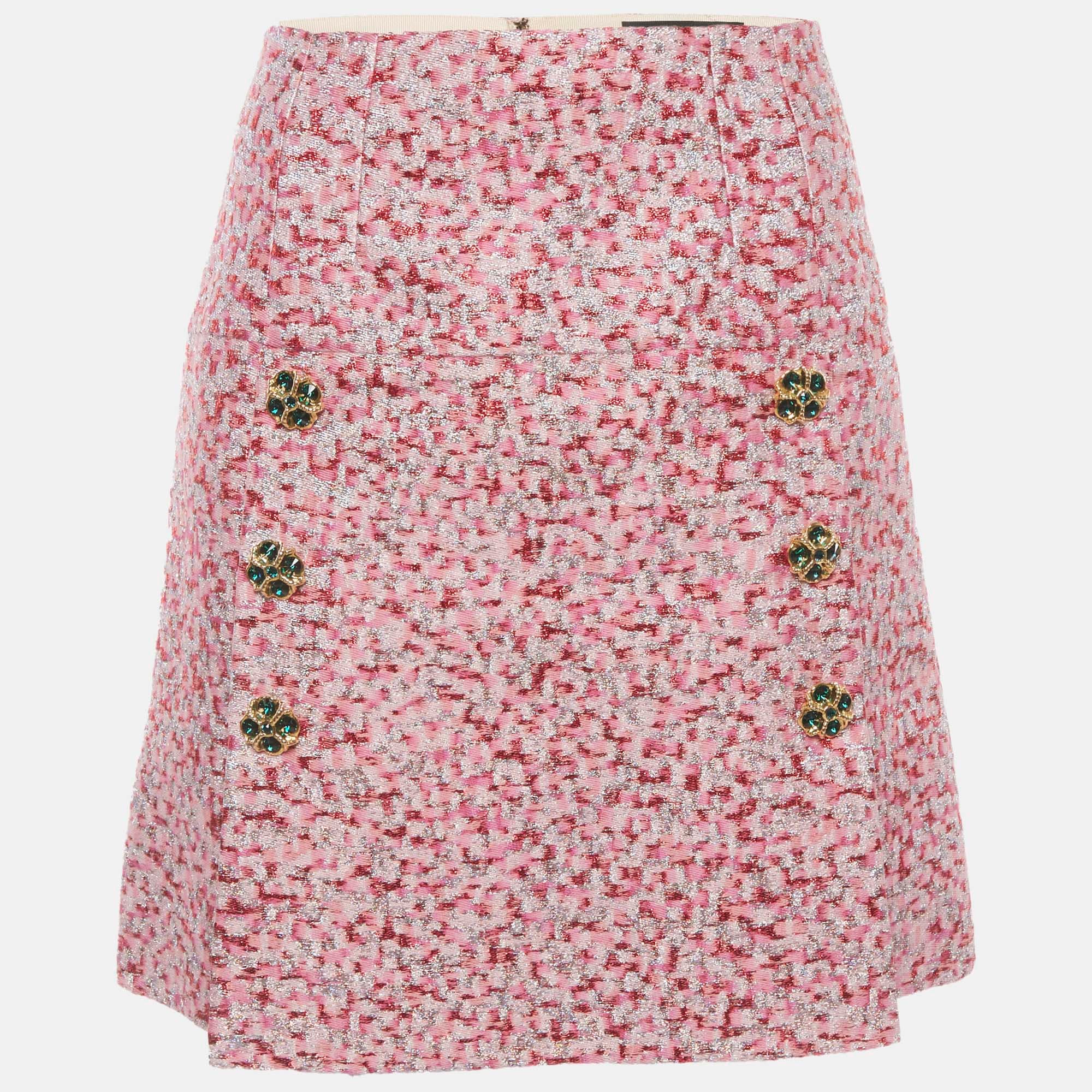 Dolce & Gabbana Pink Metallic Jacquard Zip Up Mini Skirt S