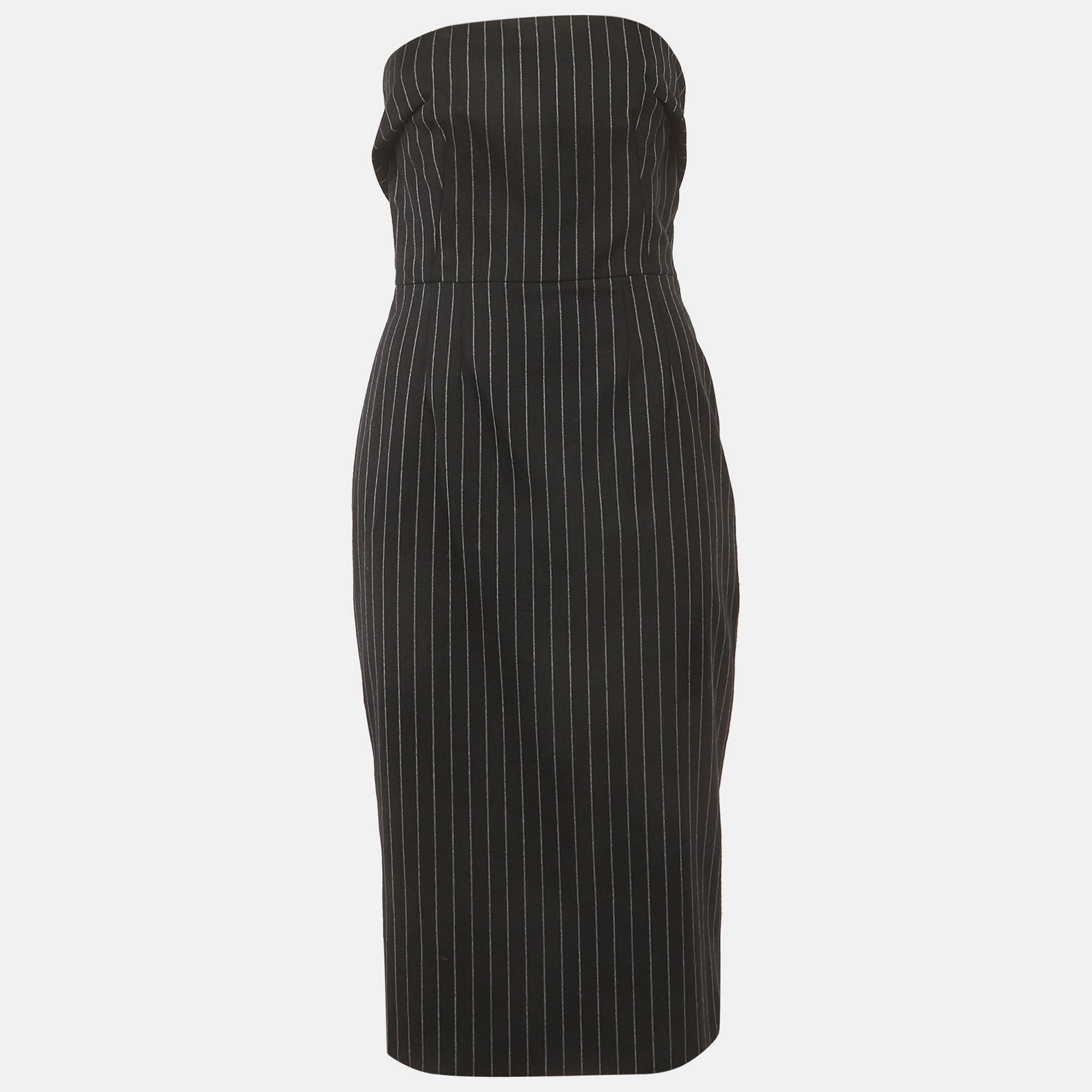 Dolce & Gabbana Black Pinstripe Wool Strapless Sheath Dress S