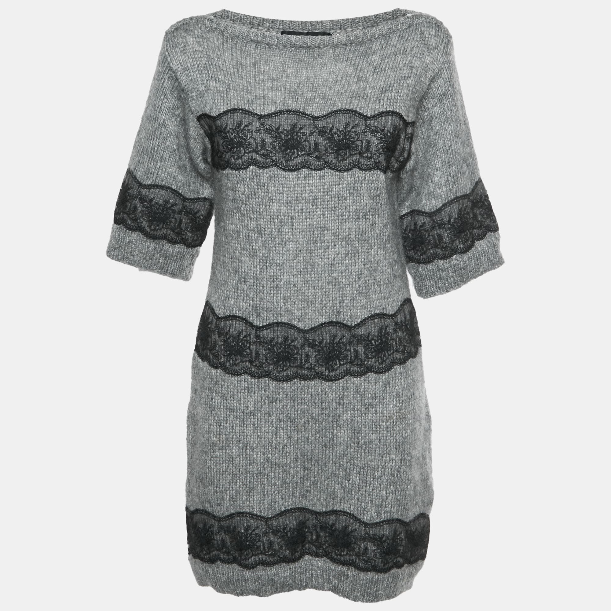 Dolce & Gabbana Grey Wool Blend Rib Knit Lace Trim Mini Dress S