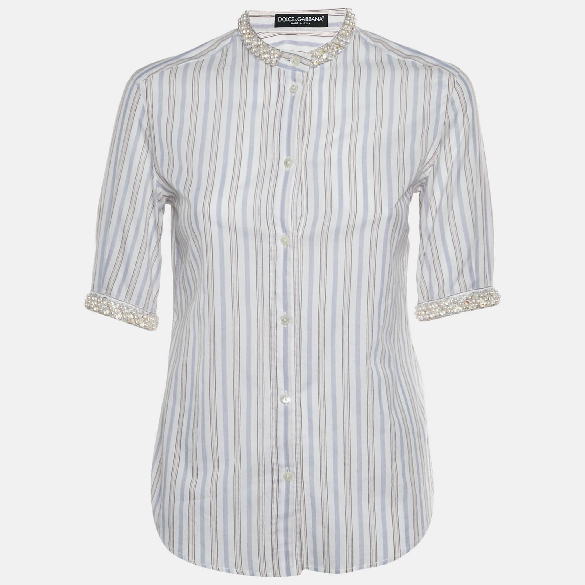 Dolce & Gabbana Multicolor Striped Pearl Embellished Cotton Top M