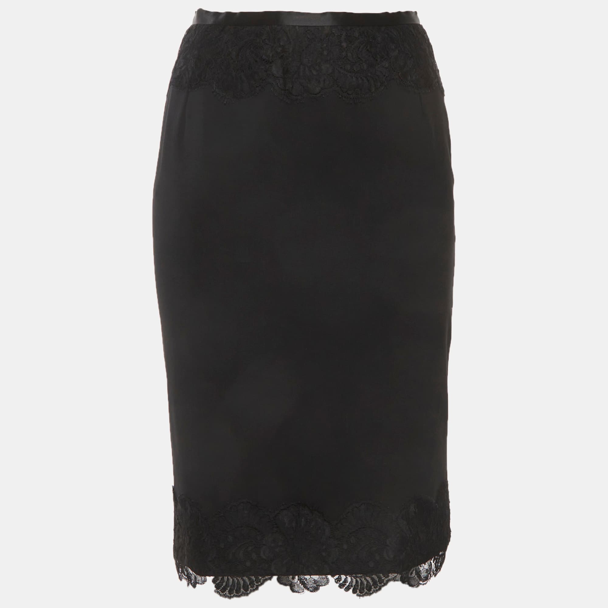 Dolce & Gabbana Black Wool Blend Lace Trim Pencil Skirt S