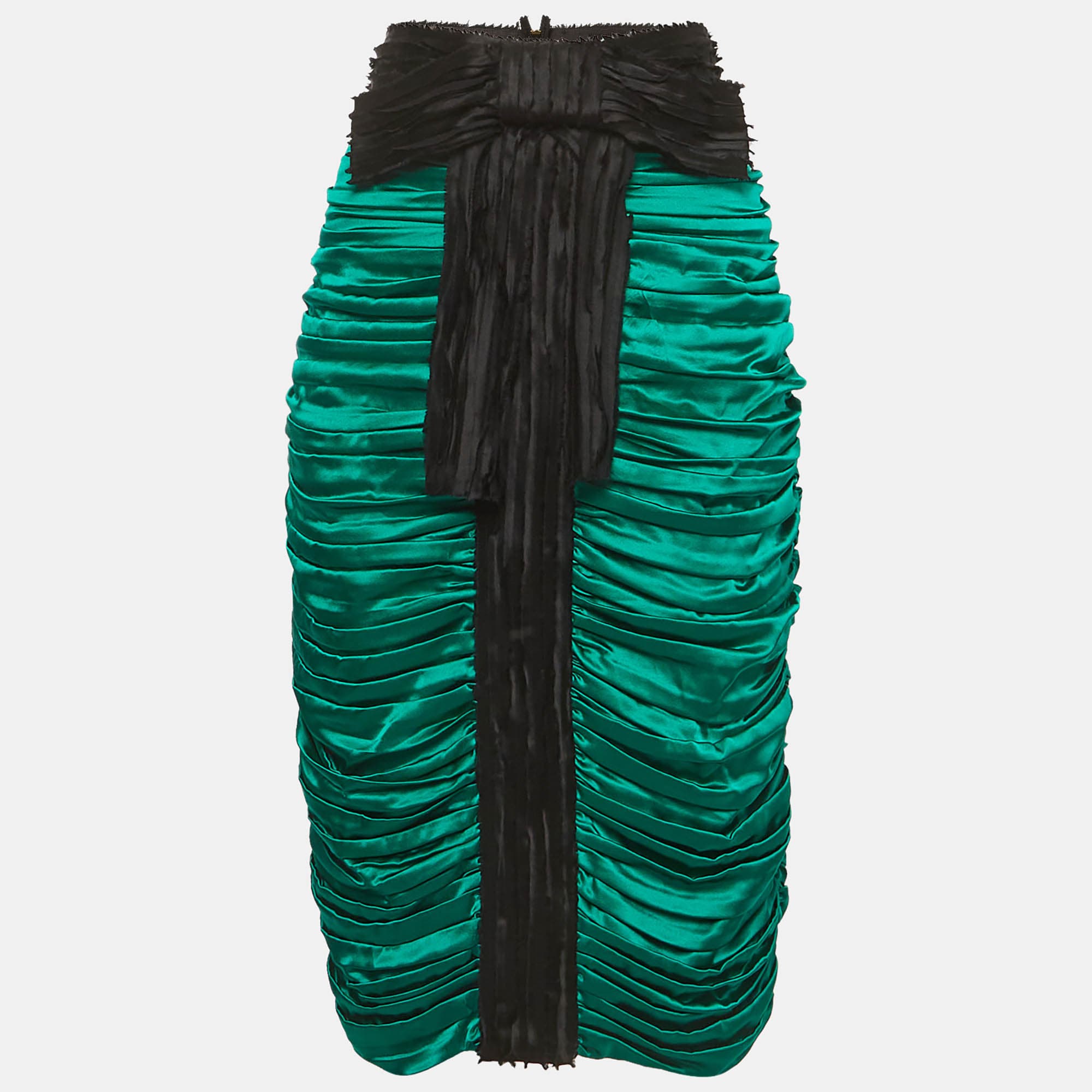 D&G Vintage Green Satin Ruched Bow Detail Midi Skirt L