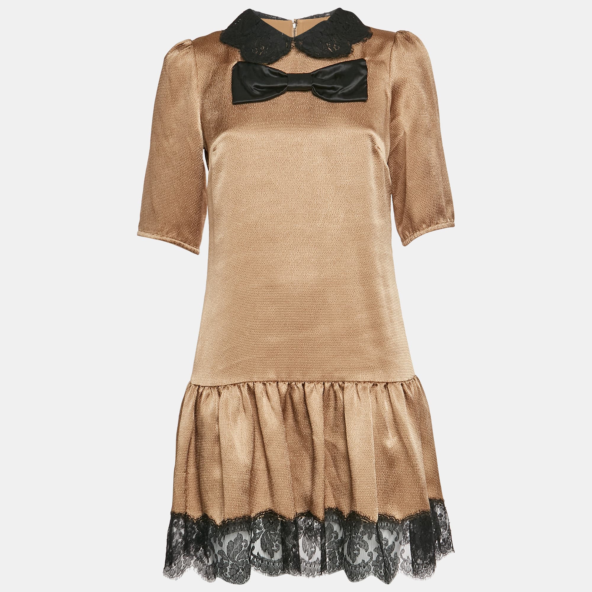 Dolce & Gabbana Tan Synthetic Lace Trim Ruffled Hem Mini Dress S