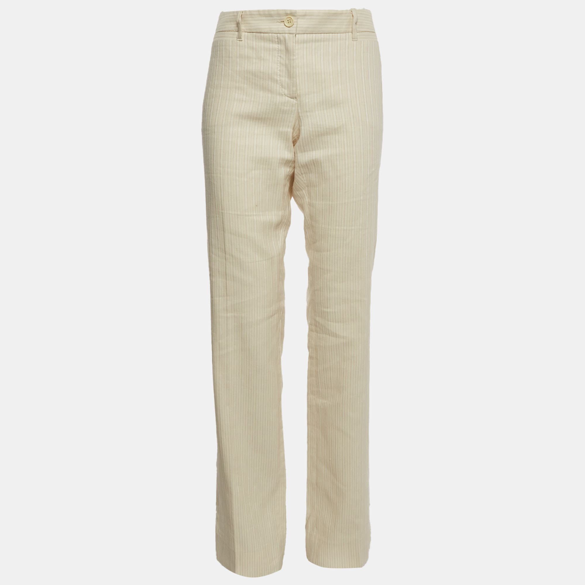 Dolce & Gabbana Cream Stripe Linen Blend Straight Fit Pants M