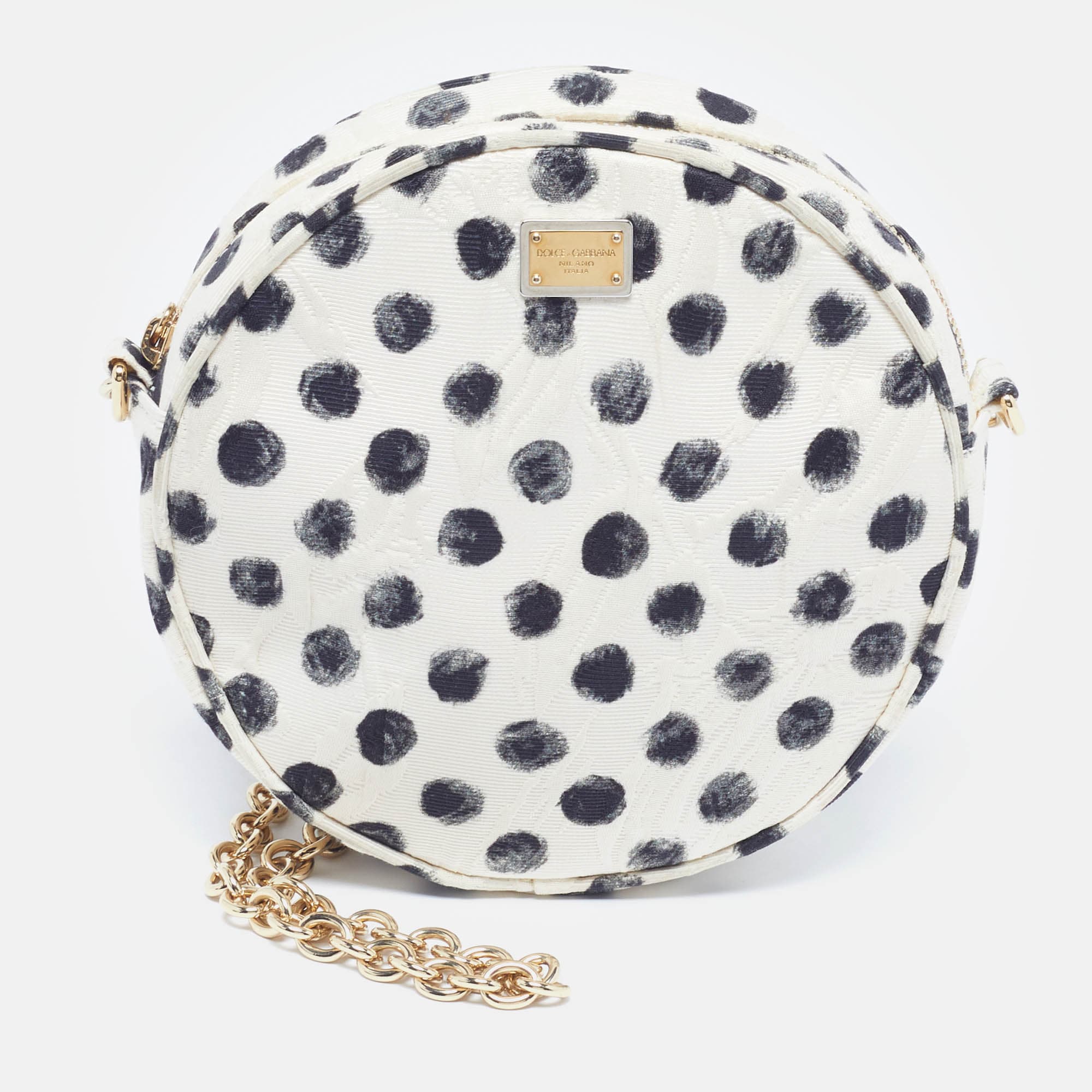 Dolce & Gabbana Round Glam Polka Dot White/Black Fabric Crossbody Bag