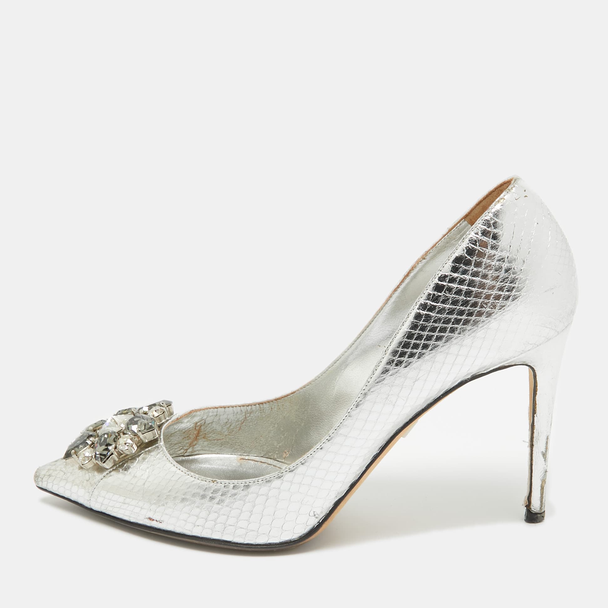 Dolce & Gabbana Bellucci Size 39 Silver Snakeskin Embossed Leather Pumps