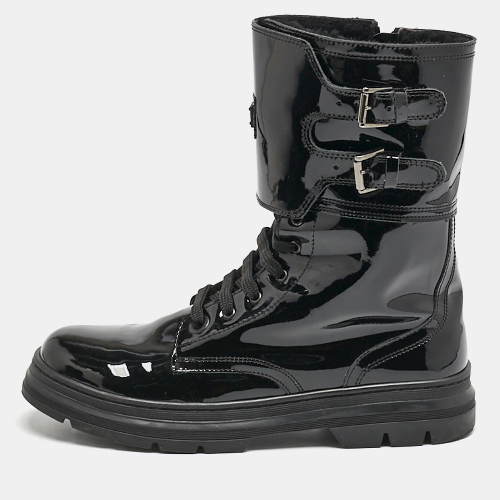 Dolce & Gabbana Black Patent Leather Combat Boots Size 38