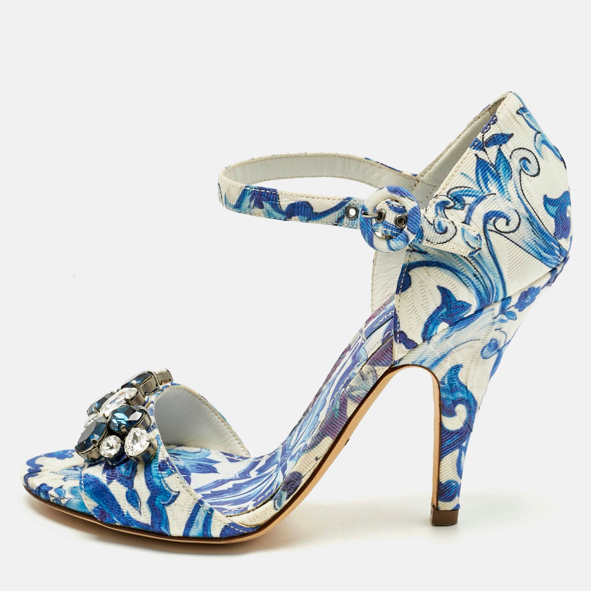 Dolce & Gabbana Blue Brocade Fabric Crystal Embellish Majolica Ankle Strap Sandals Size 36