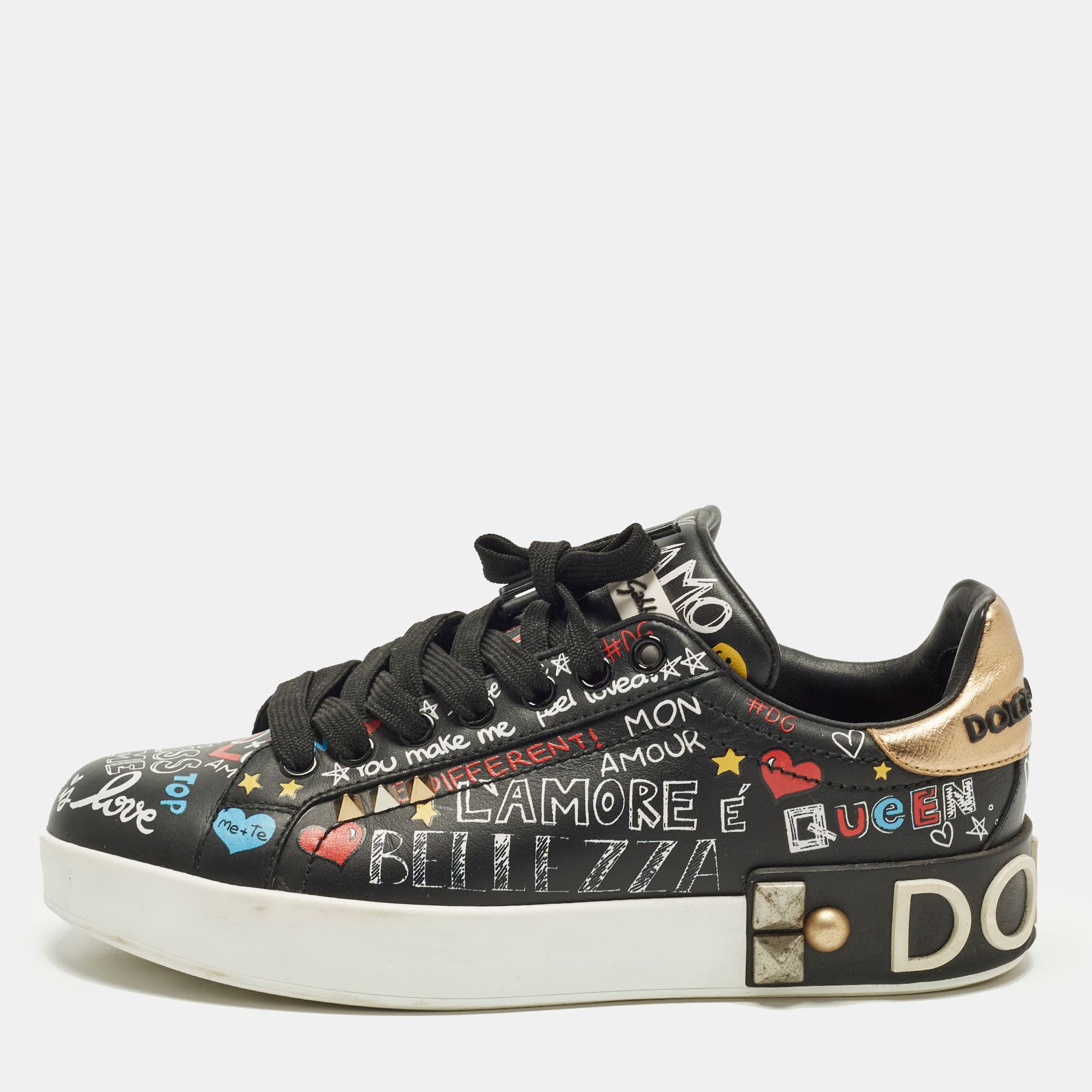 Dolce & Gabbana Portofino Size 36.5 Black Leather Graffiti Lace Up Sneakers