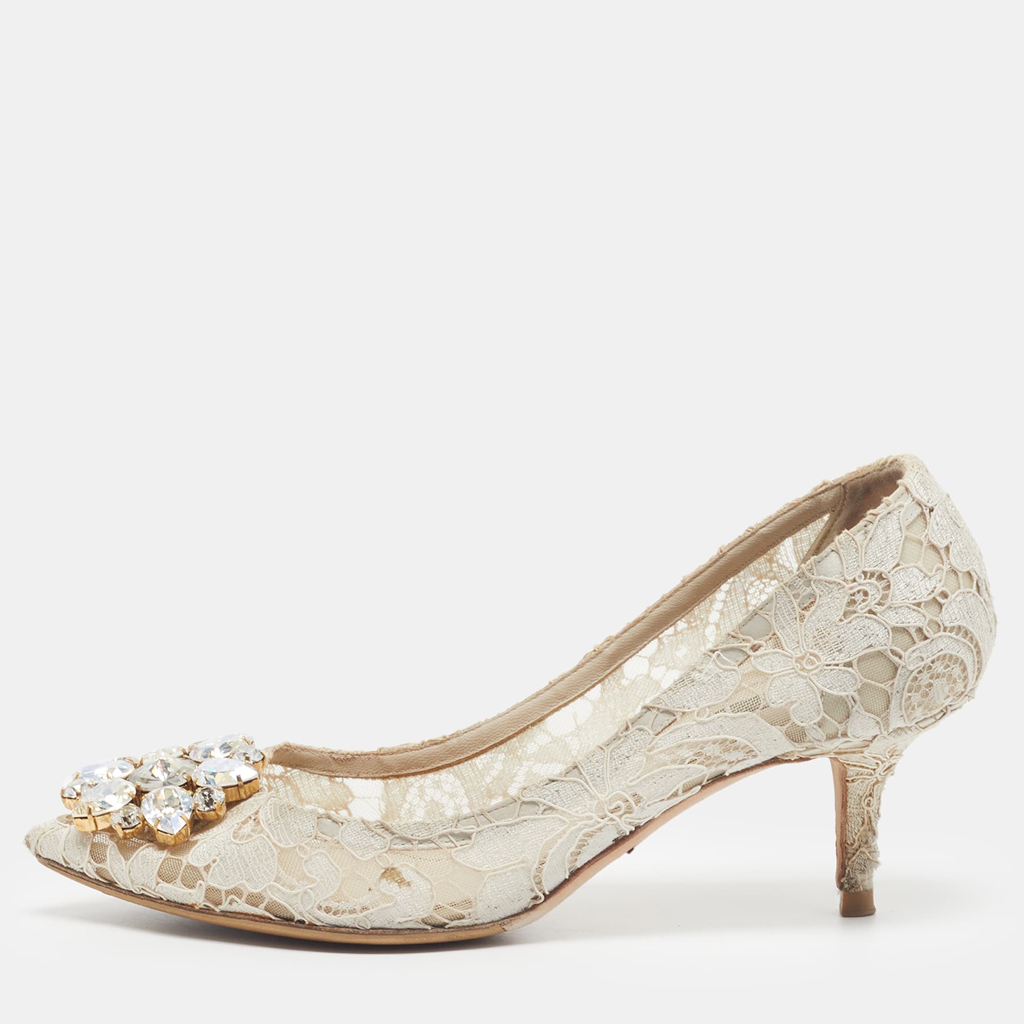 Dolce & Gabbana Bellucci Size 37 Beige Lace and Mesh Pumps