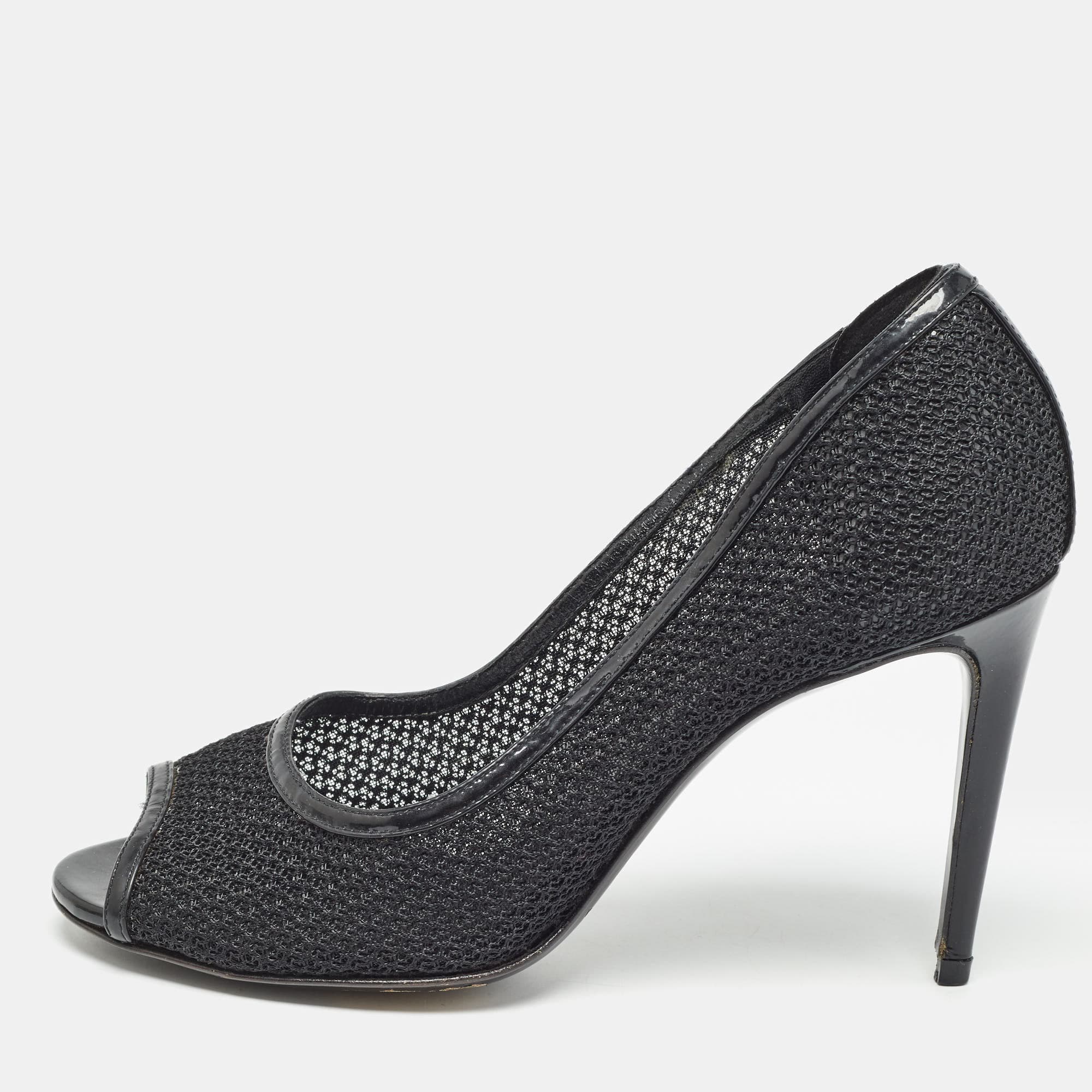 Dolce & Gabbana Size 39 Black Mesh and Patent Leather Peep Toe Pumps