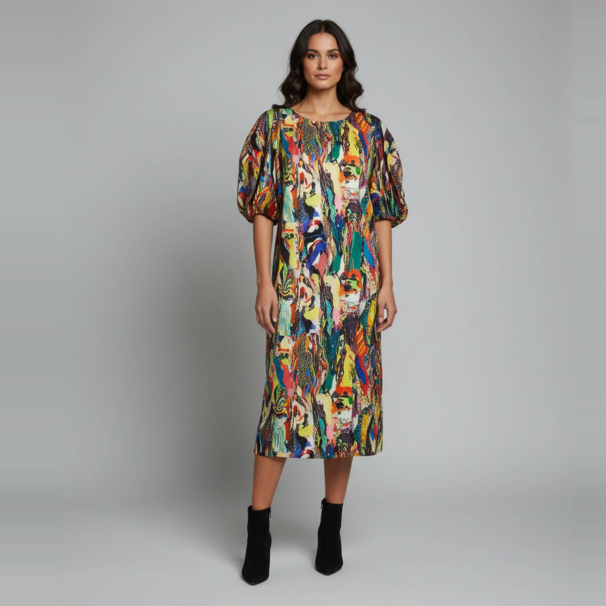 Dries Van Noten Multicolor Abstract Print Satin Short Sleeve Tunic Dress L