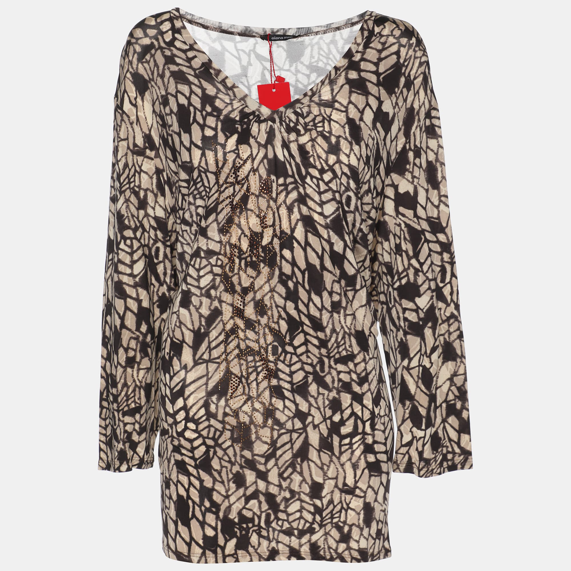 Elena Miro Printed Jersey Embellished V Neck Top XL