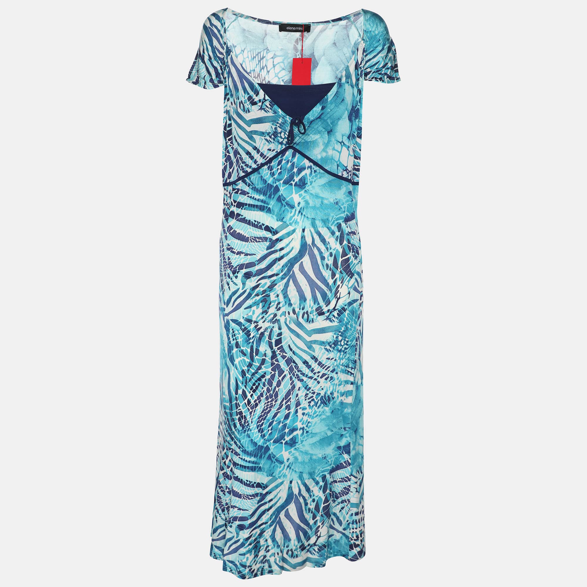 Elena Miro Blue Printed Jersey Sleeveless Midi Dress XL