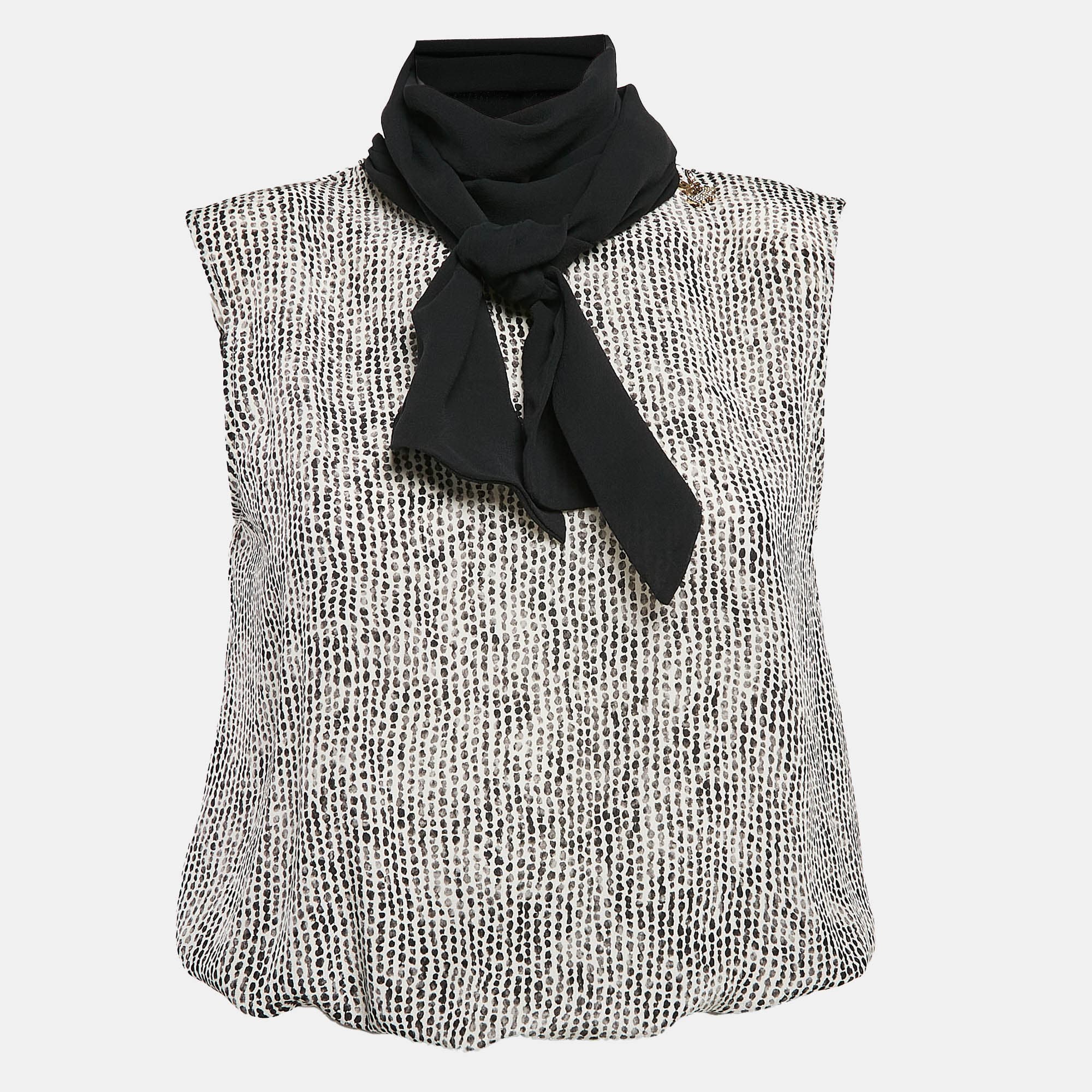 Elisabetta Franchi Black/White Printed Silk Bow Neck Top S