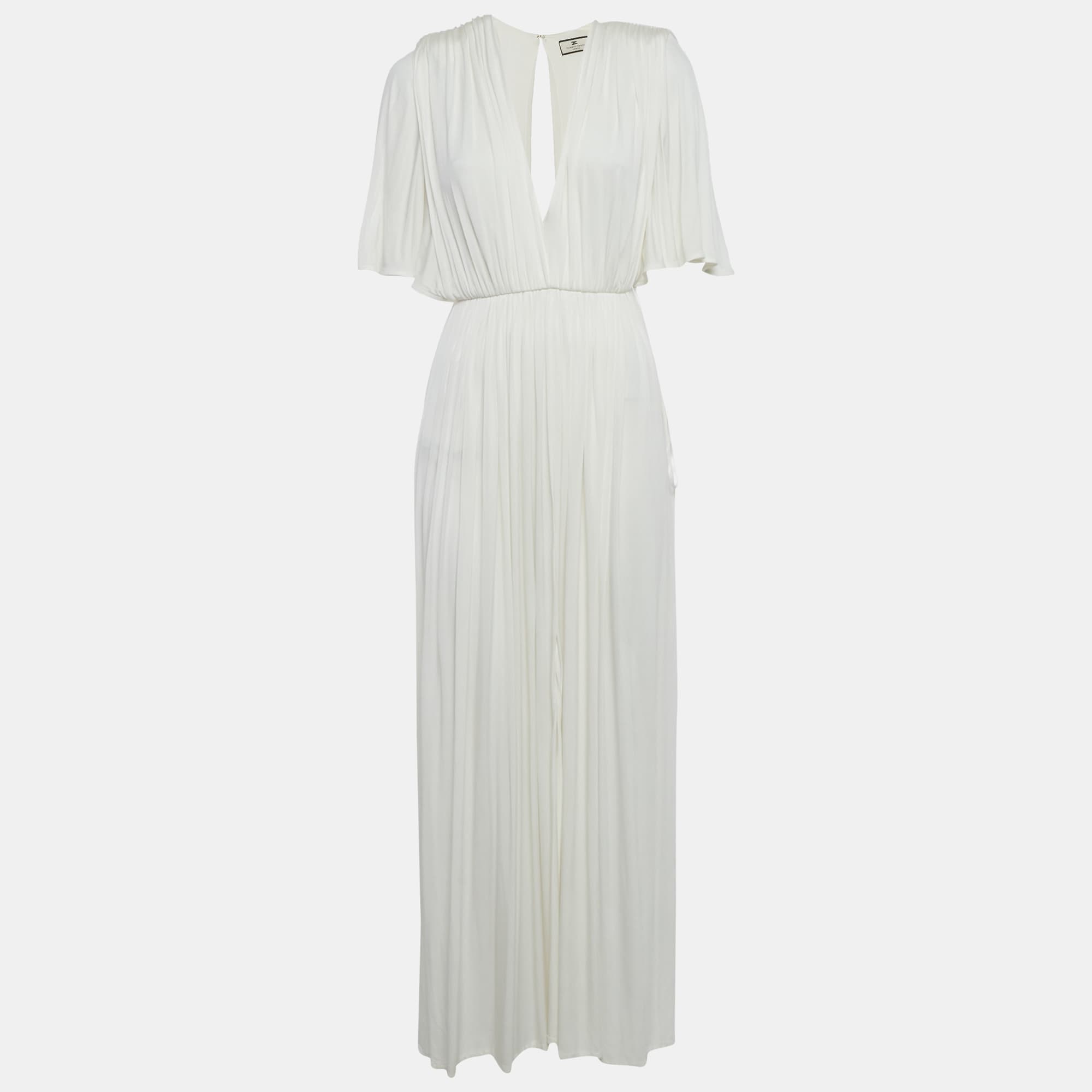 Elisabetta Franchi White Jersey Plunging Neck Gathered Maxi Dress S