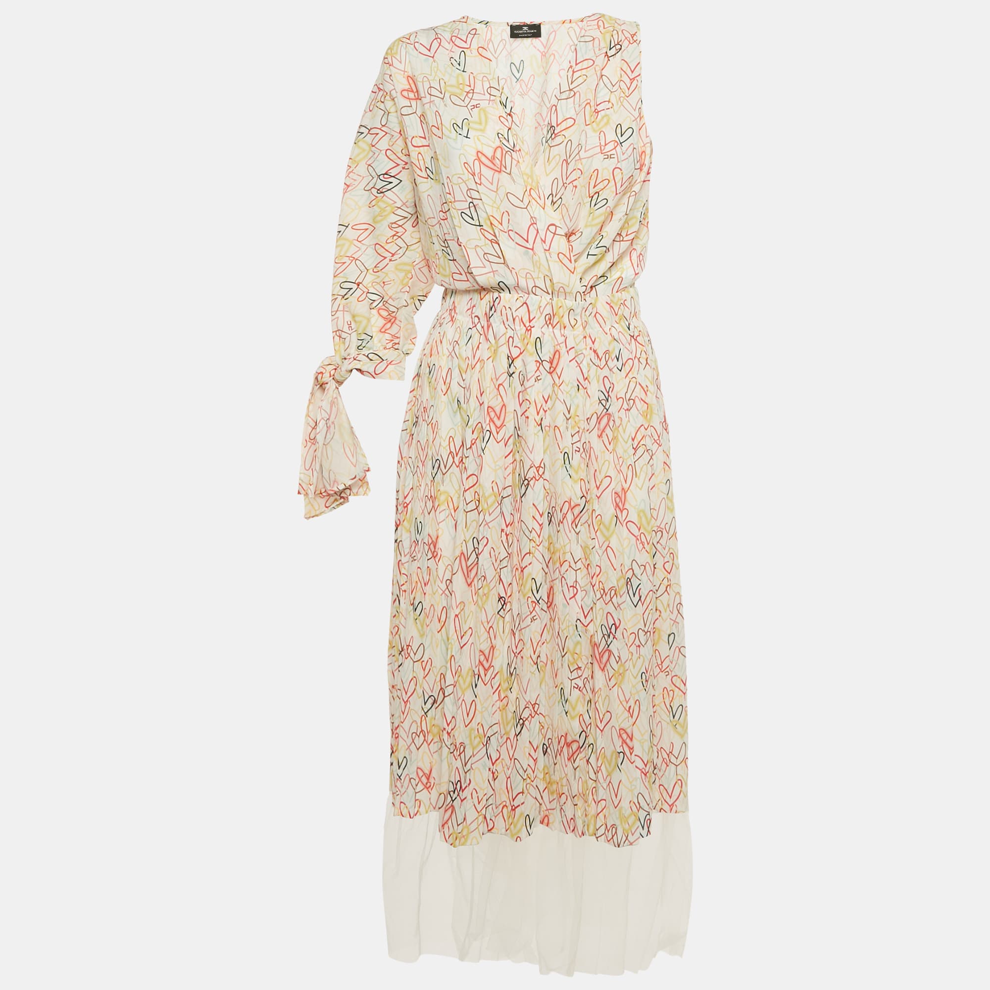 Elisabetta Franchi Multicolor Heart Print Crepe One Shoulder Midi Dress M