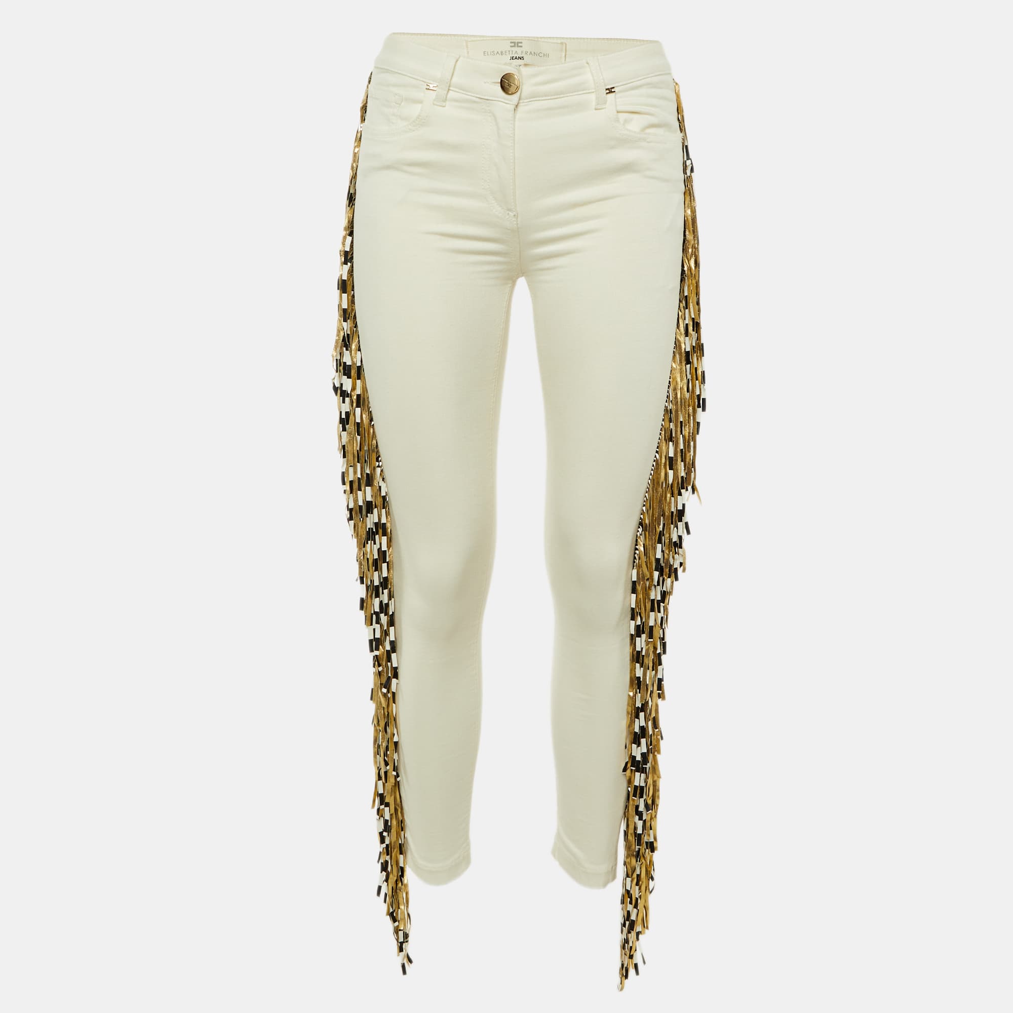 Elisabetta Franchi Jeans Ivory Denim Fringed Skinny Jeans S/Waist 29"