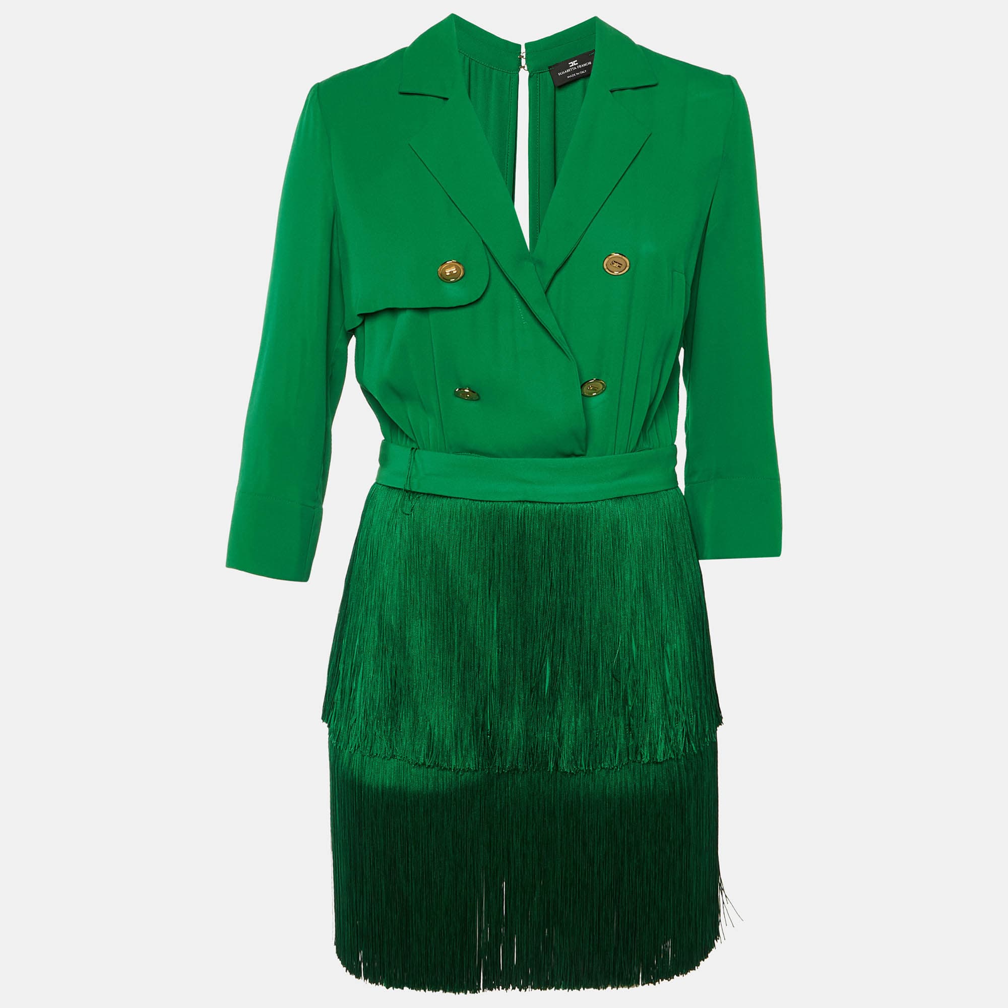 Elisabetta Franchi Green Crepe Fringe Detachable Mini Dress M