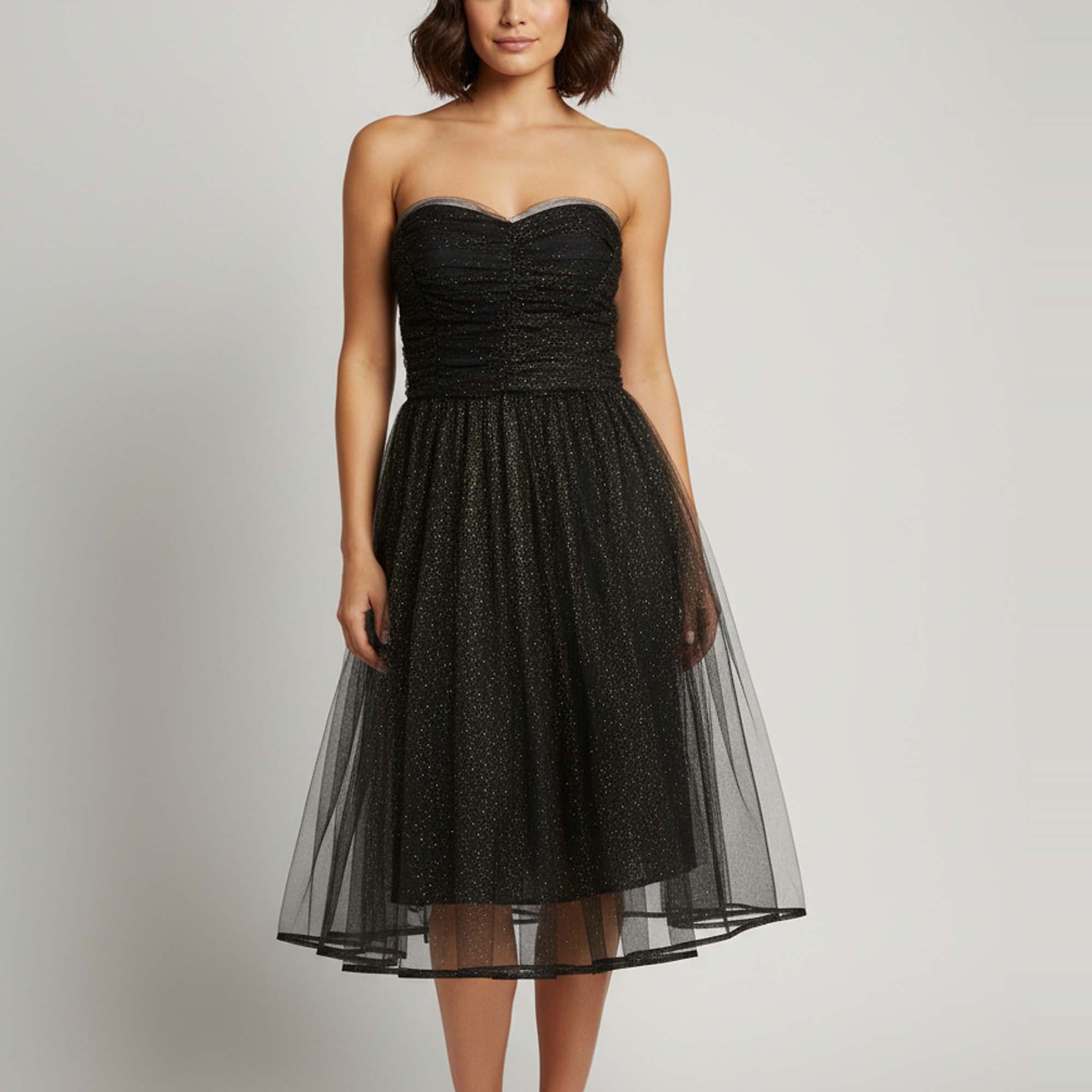 Elisabetta Franchi Black Glittered Tulle Ruched Fit-and-Flare Mini Dress M