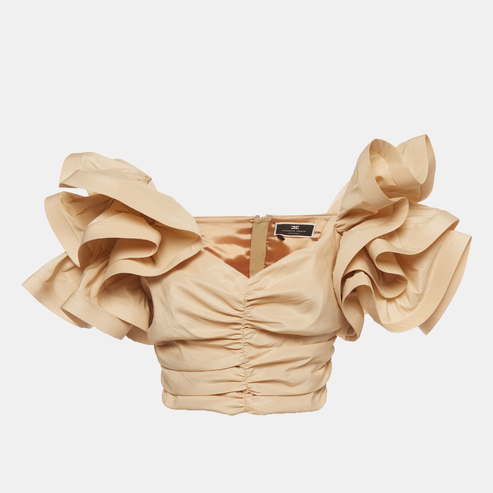 Elisabetta Franchi Beige Gabardine Ruffle Crop Top M