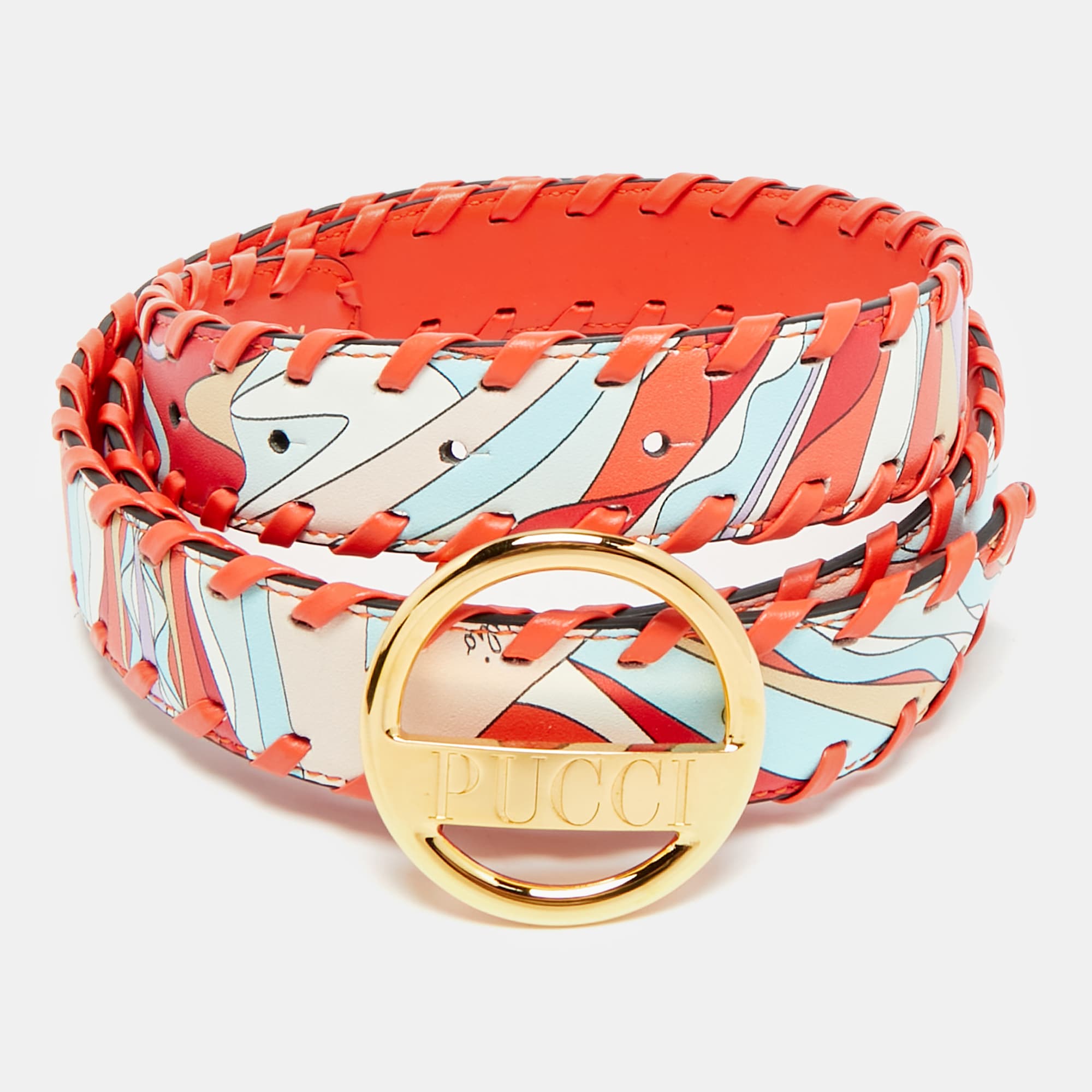 Emilio Pucci Whipstitch M Round Buckle Orange Printed Leather