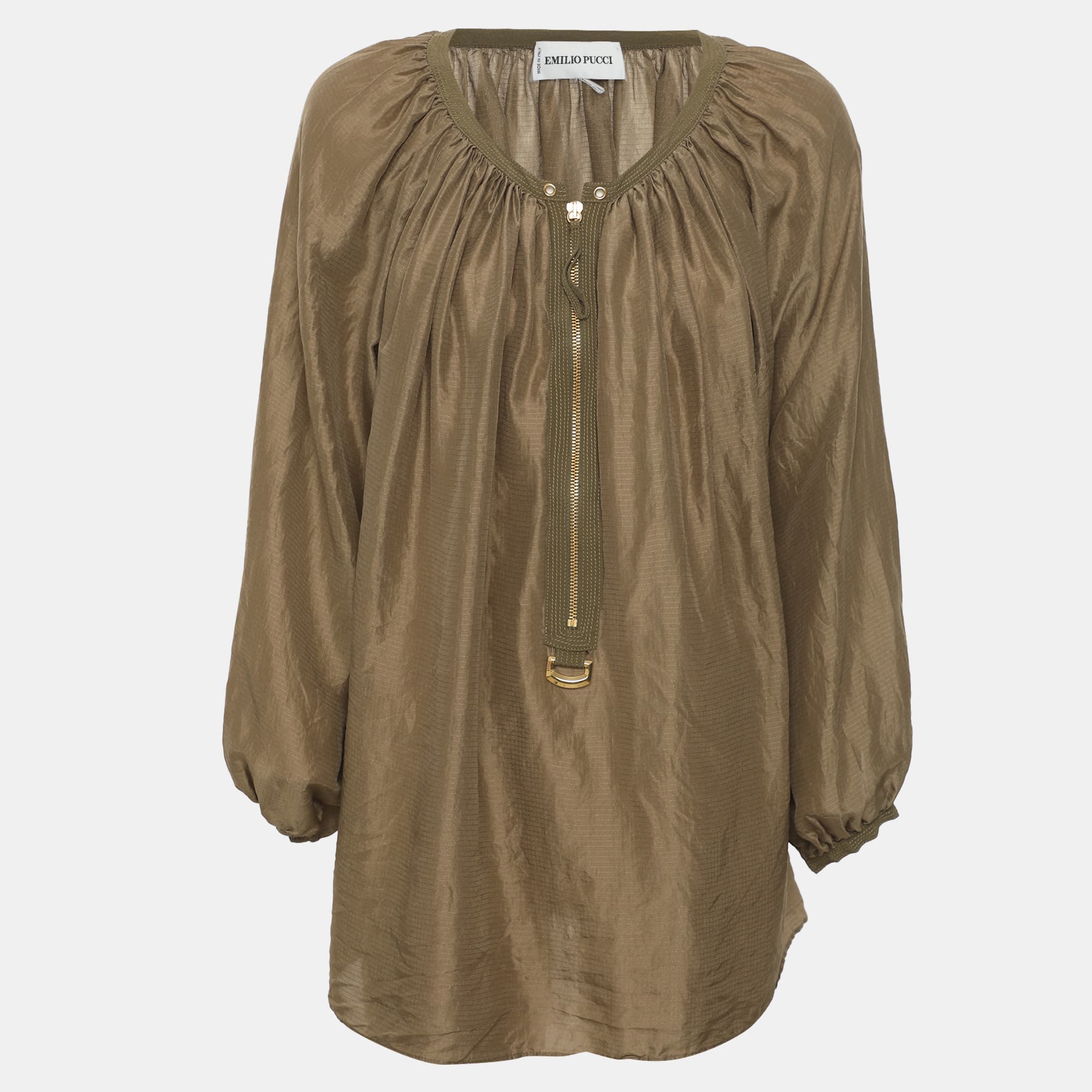 Emilio Pucci Green Micro Plaid Patterned Silk Blouse M